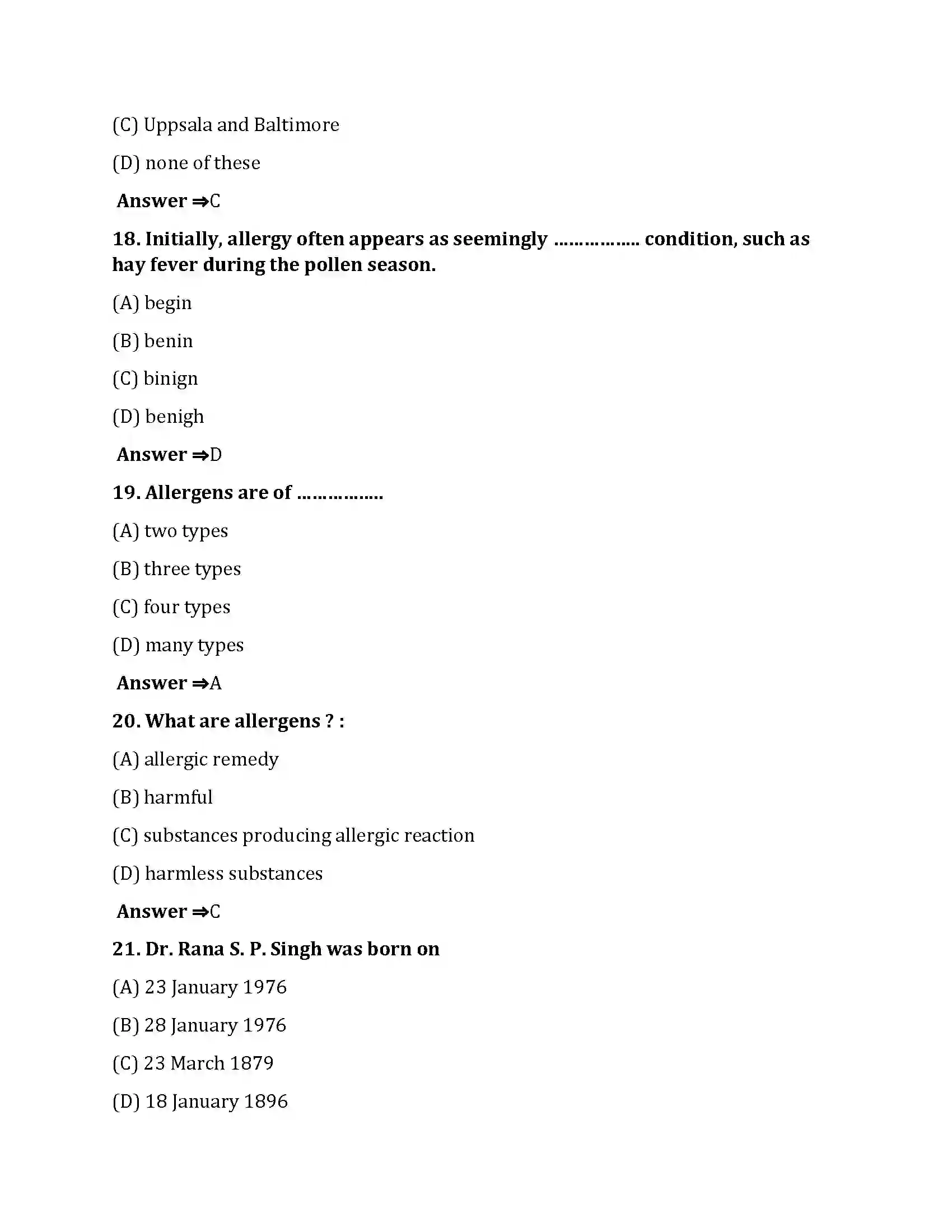 Bihar Board Class 10th Allergy Allergy  Objective Objective Question 5