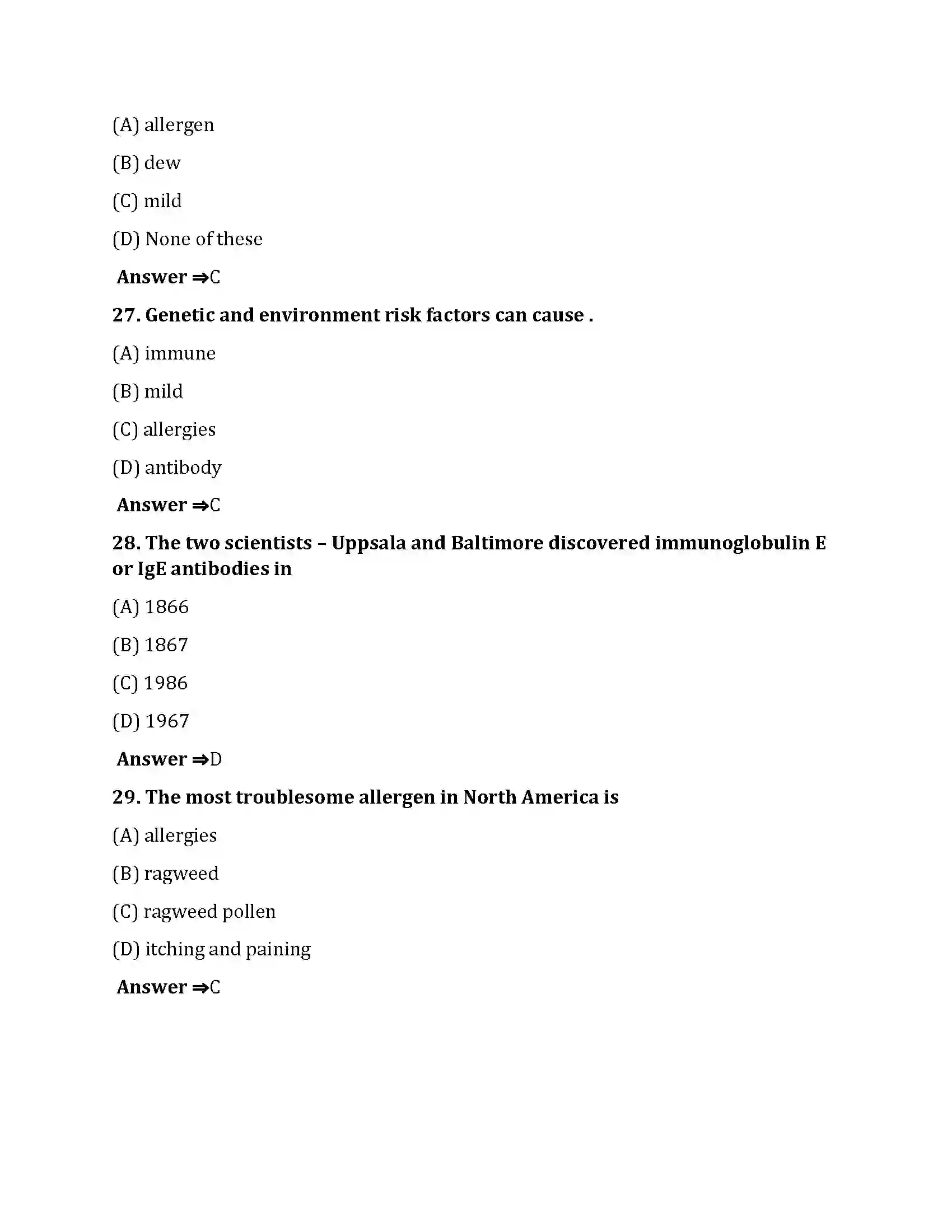 Bihar Board Class 10th Allergy Allergy  Objective Objective Question 7
