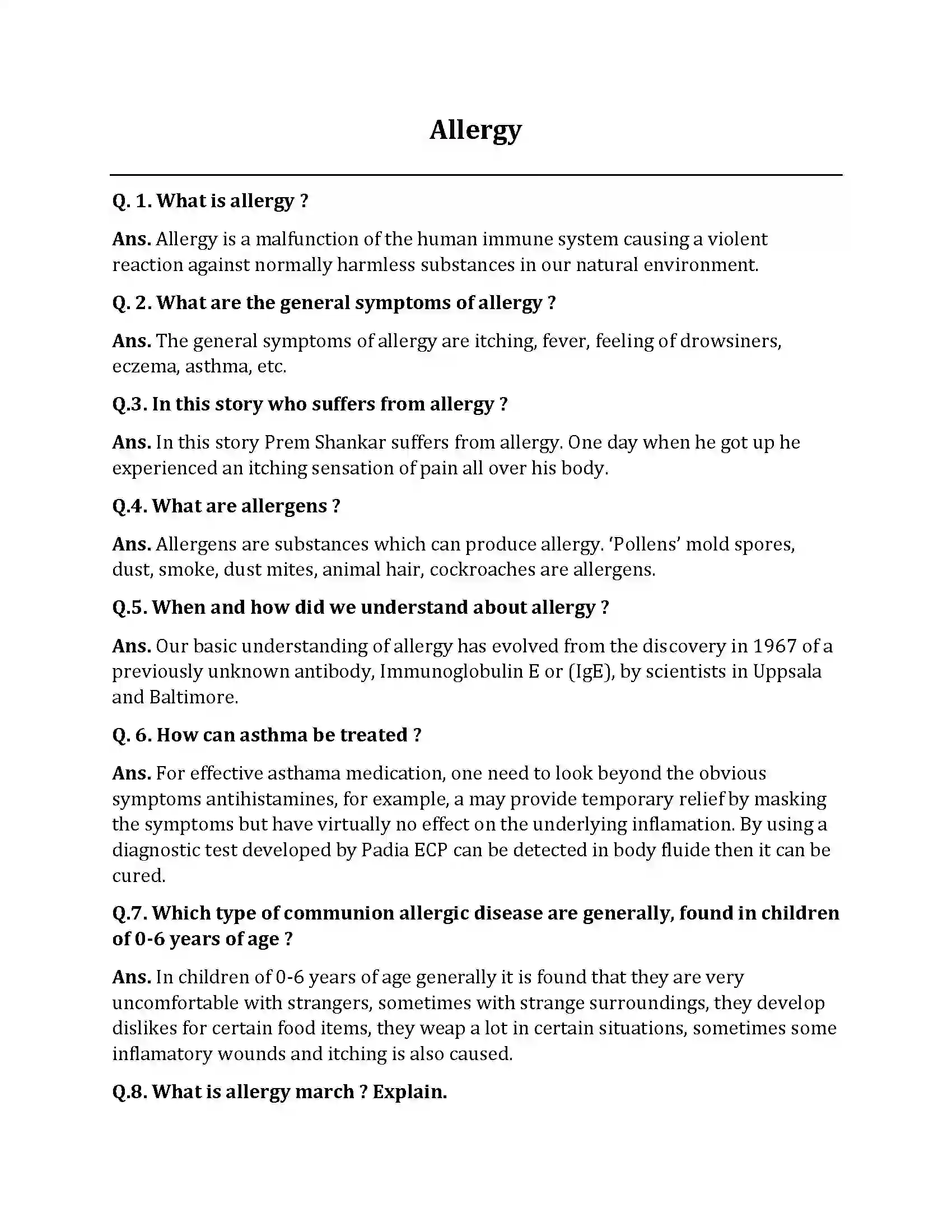 Bihar Board Class 10th Allergy Allergy  Subjective Objective Question 1