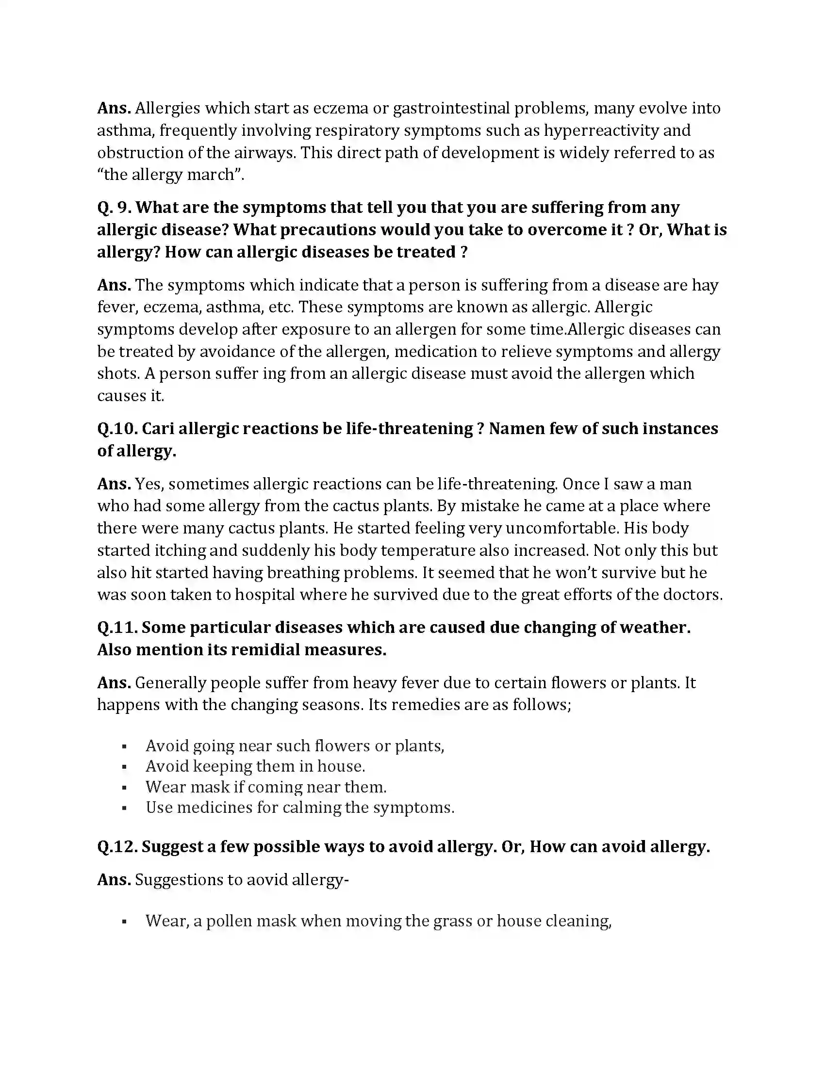 Bihar Board Class 10th Allergy Allergy  Subjective Objective Question 2