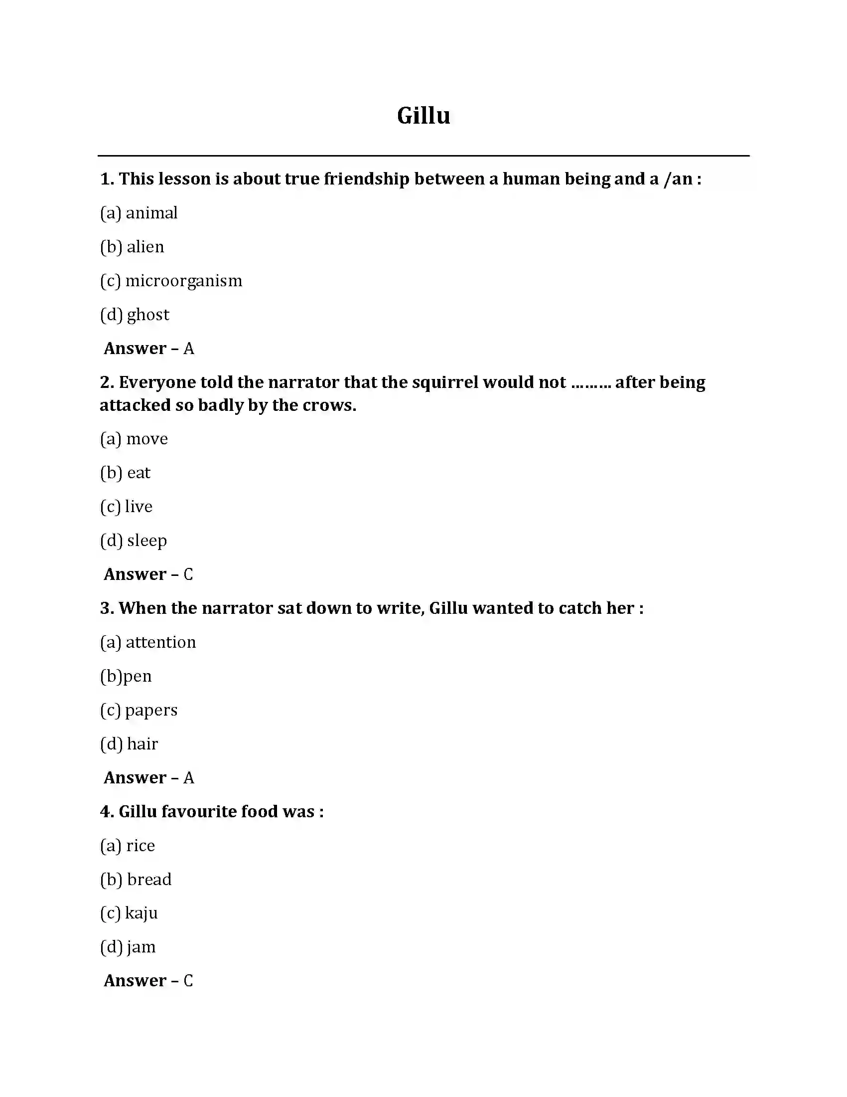 Bihar Board Class 10th Gillu Gillu  Objective Objective Question 1