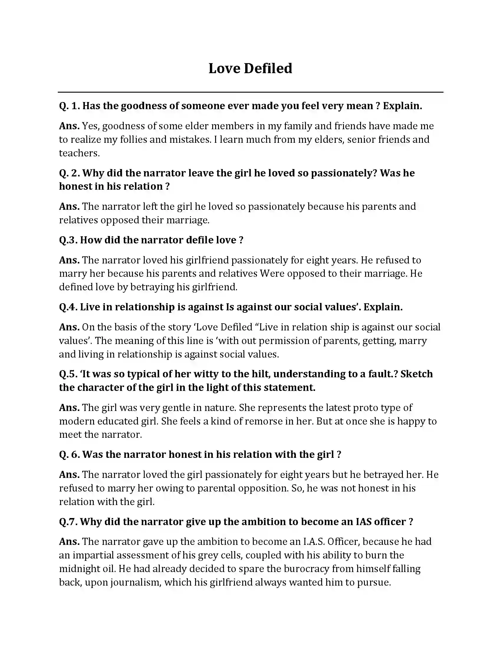 Bihar Board Class 10th Love Defiled Love Defiled  Subjective Objective Question 1