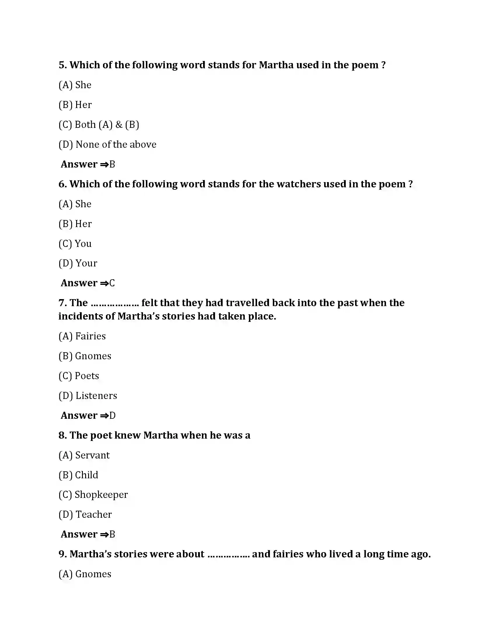 Bihar Board Class 10th Martha Martha  Objective Objective Question 2