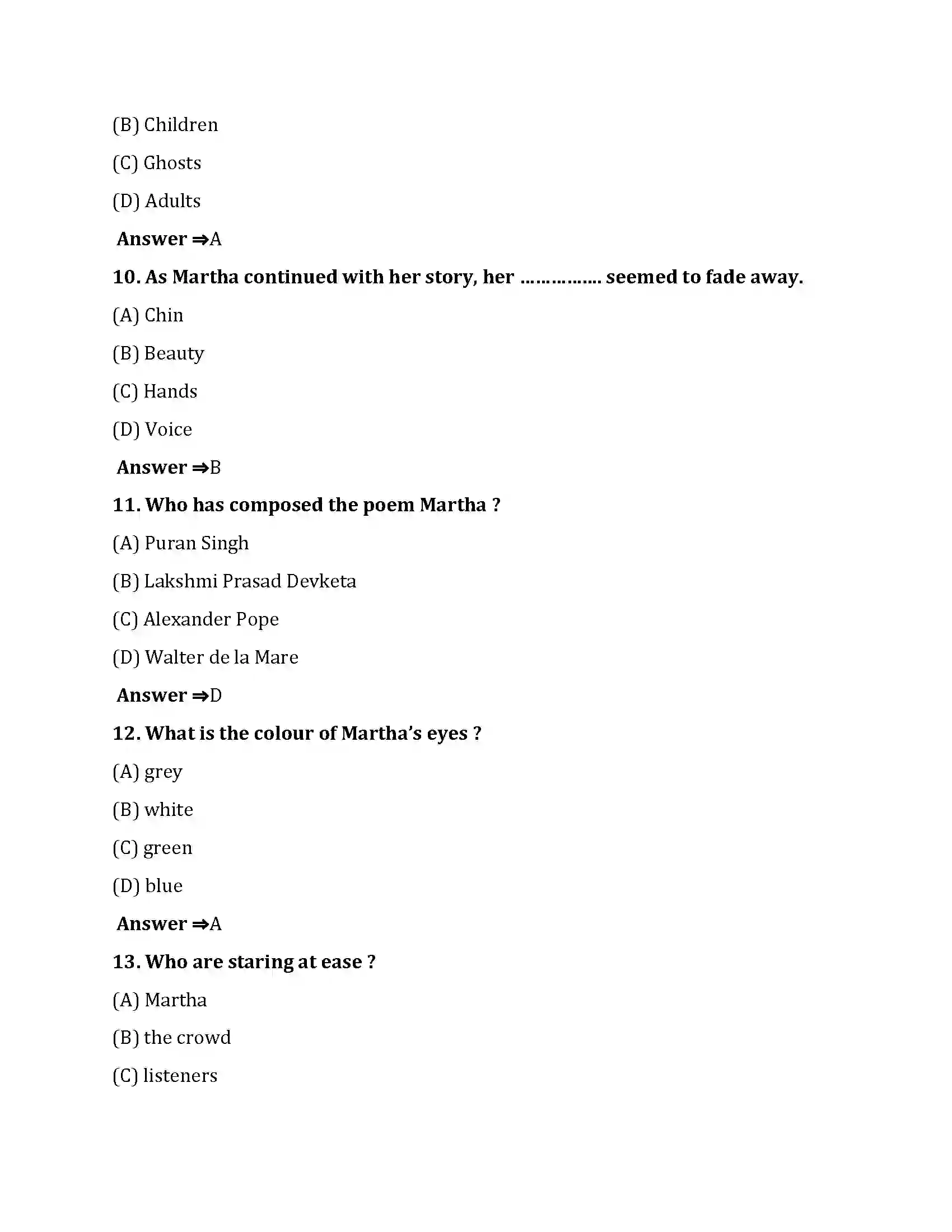 Bihar Board Class 10th Martha Martha  Objective Objective Question 3