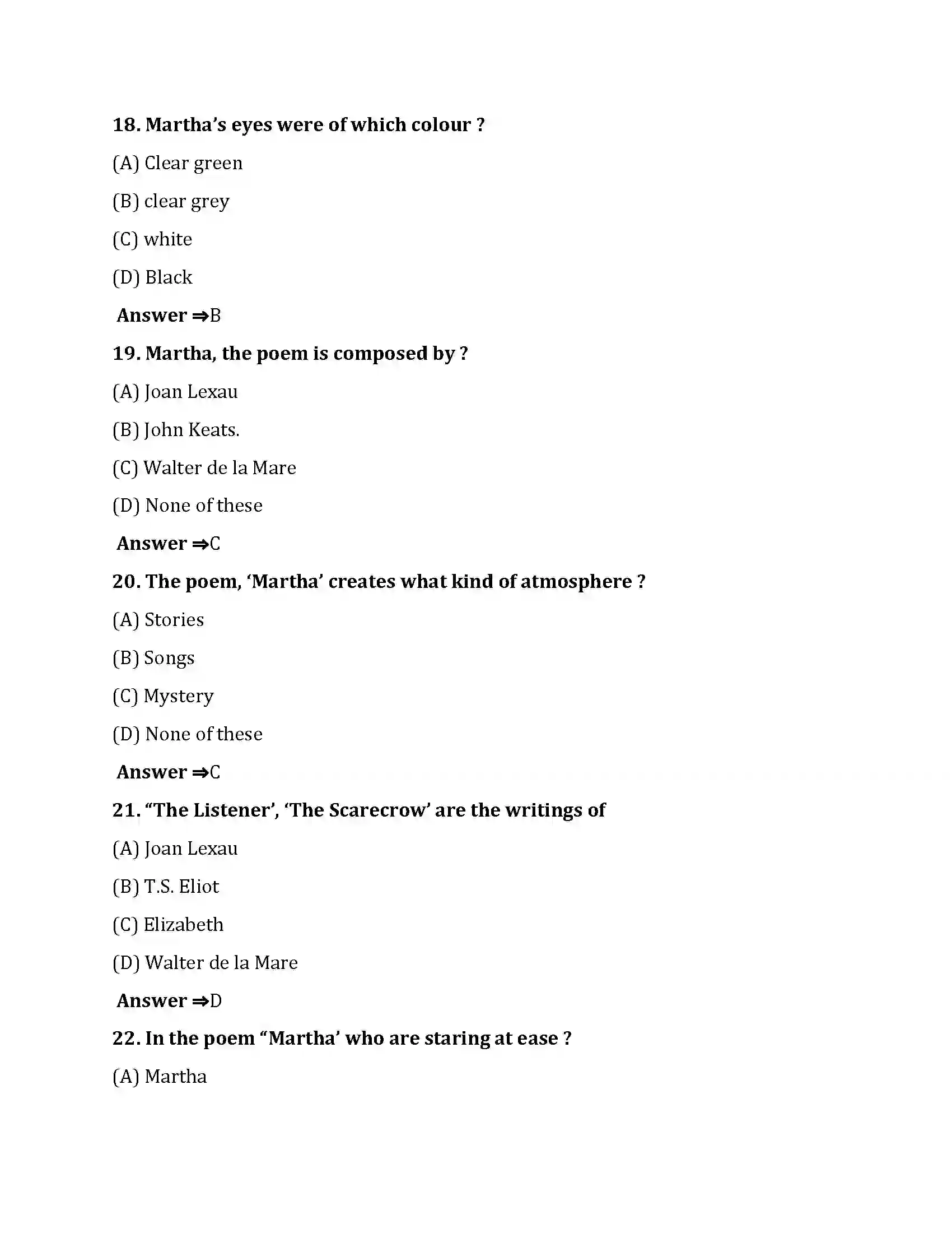 Bihar Board Class 10th Martha Martha  Objective Objective Question 5