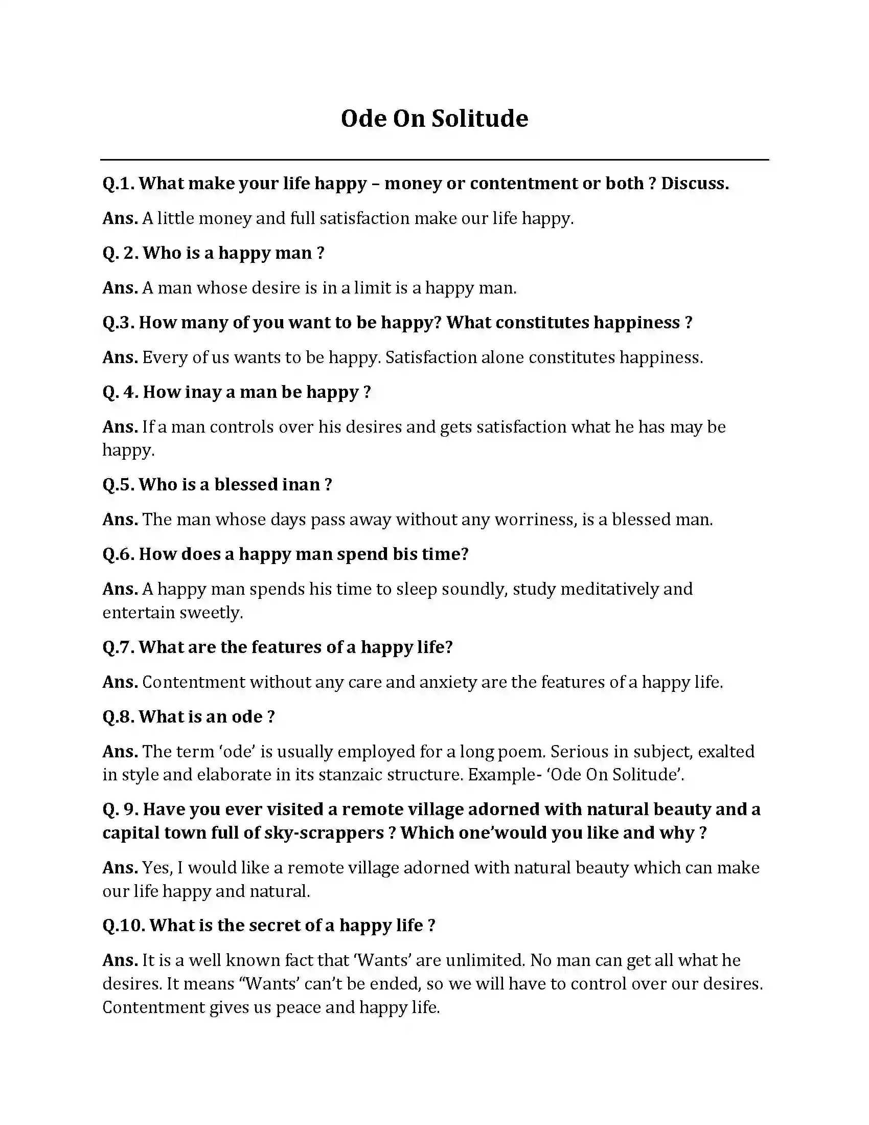 Bihar Board Class 10th Ode On Solitude Ode On Solitude  Subjective Objective Question 1