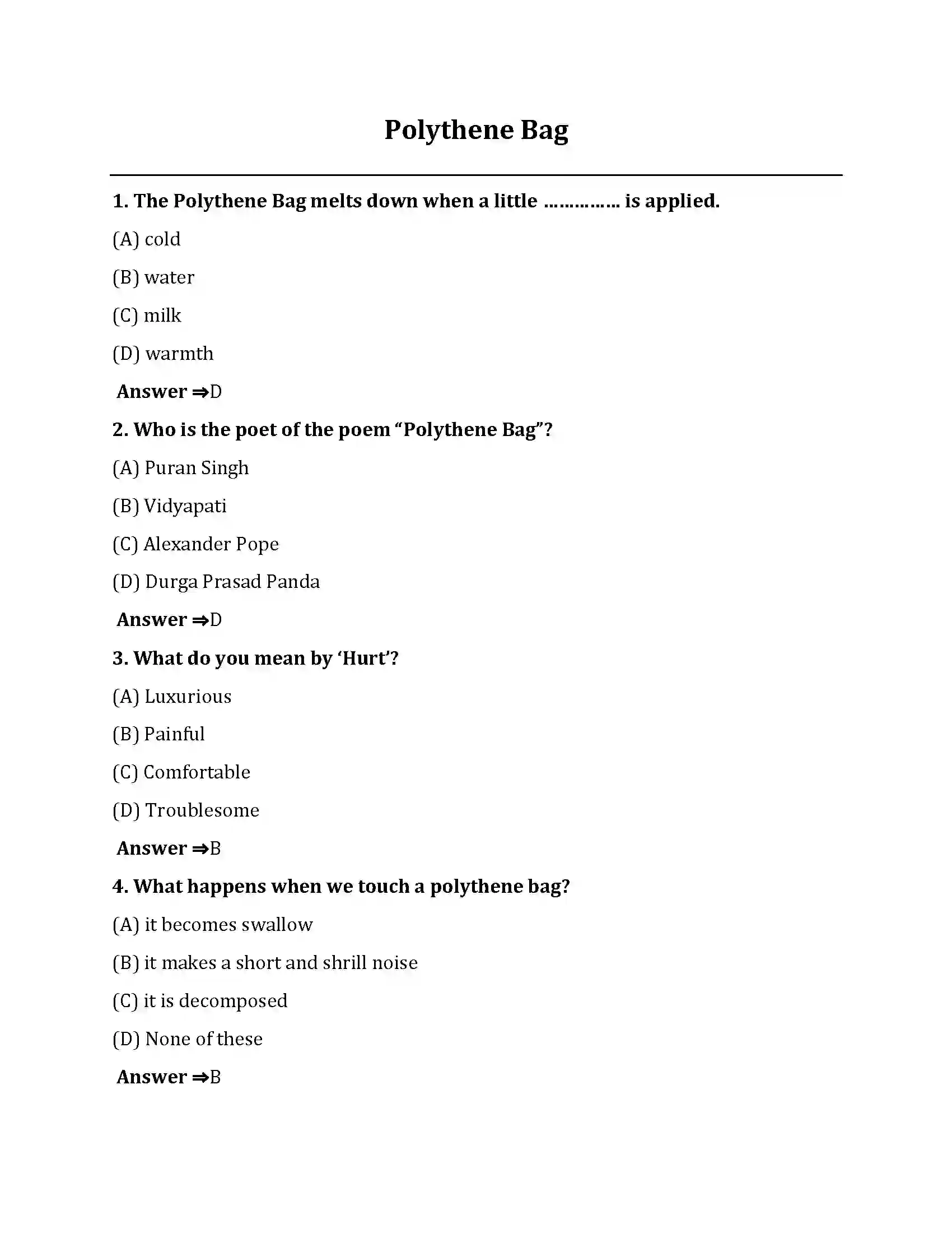 Bihar Board Class 10th Polythene Bag Polythene Bag  Objective Objective Question 1