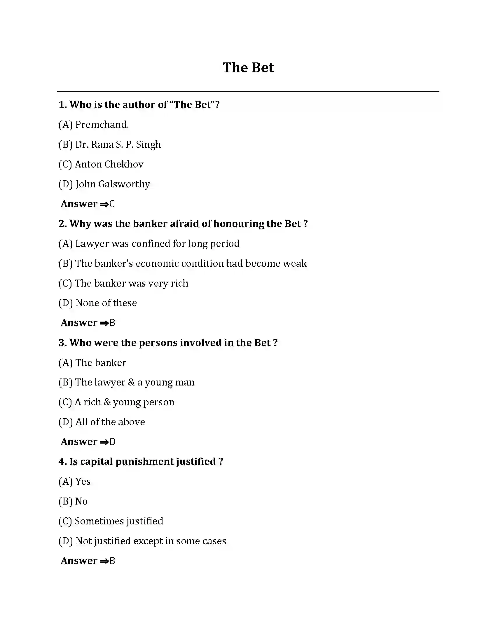 Bihar Board Class 10th The Bet The Bet  Objective Objective Question 1