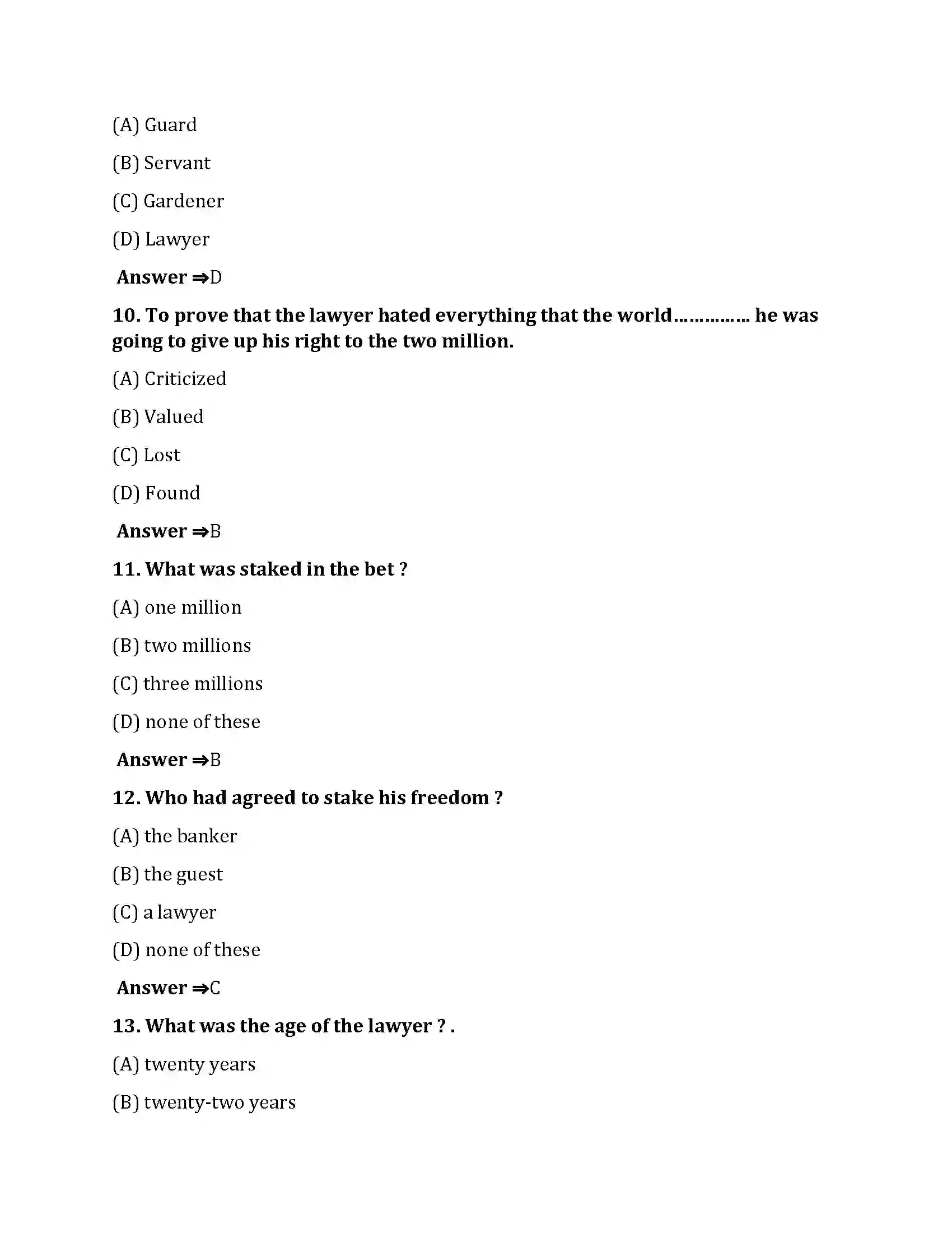 Bihar Board Class 10th The Bet The Bet  Objective Objective Question 3