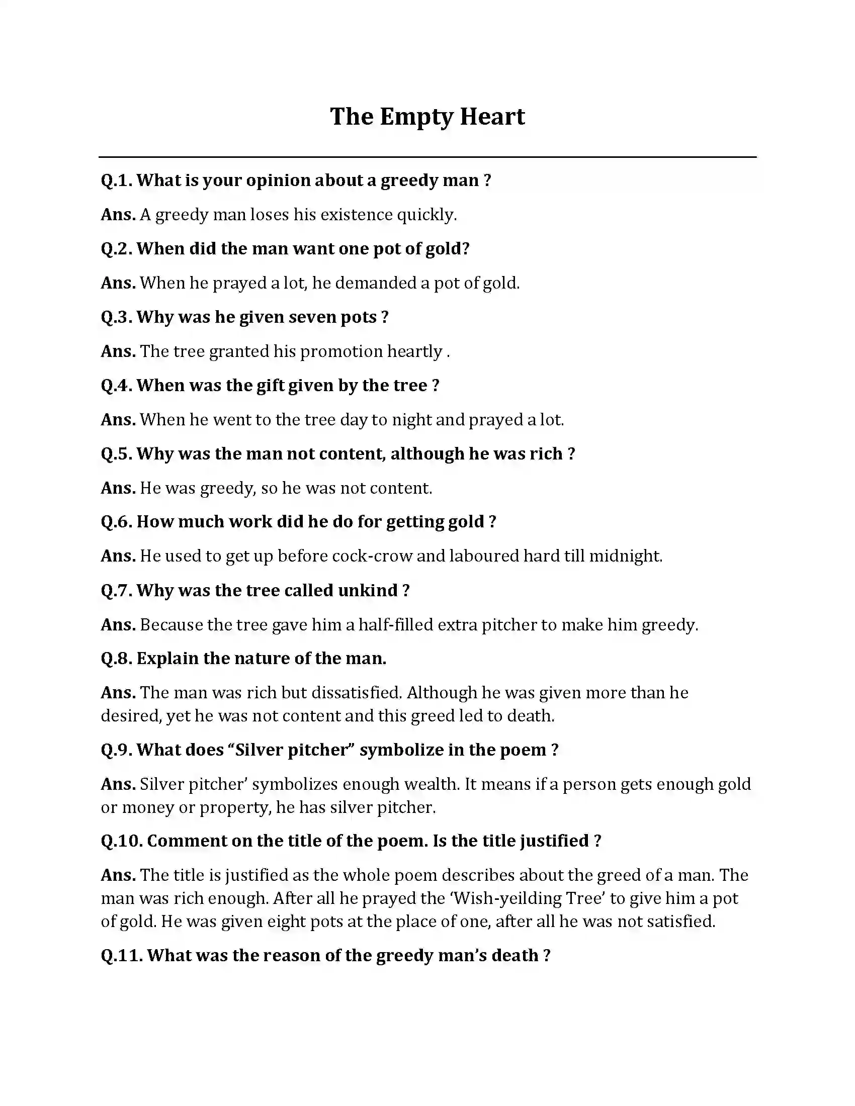 Bihar Board Class 10th The Empty Heart The Empty Heart  Subjective Objective Question 1