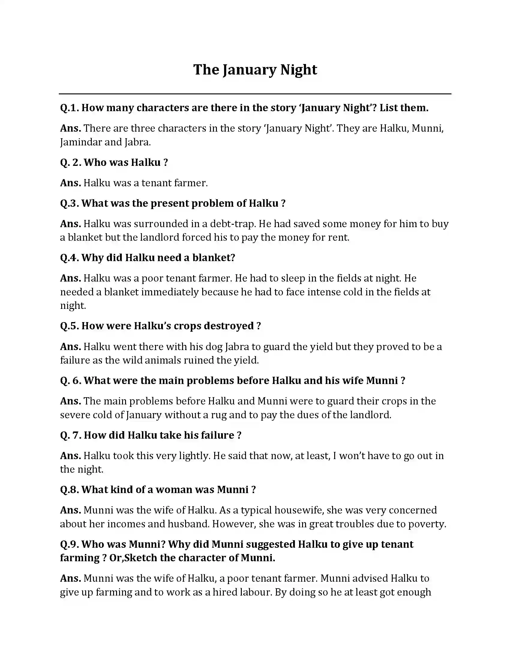 Bihar Board Class 10th The January Night The January Night  Subjective Objective Question 1