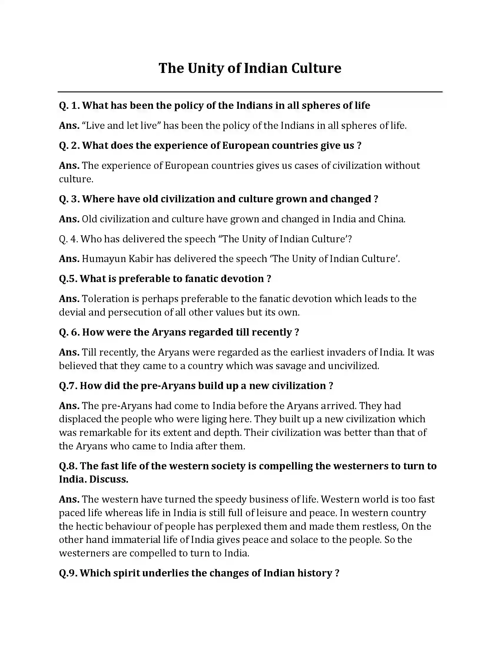 Bihar Board Class 10th The Unity Of Indian Culture The Unity of Indian Culture  Subjective Objective Question 1