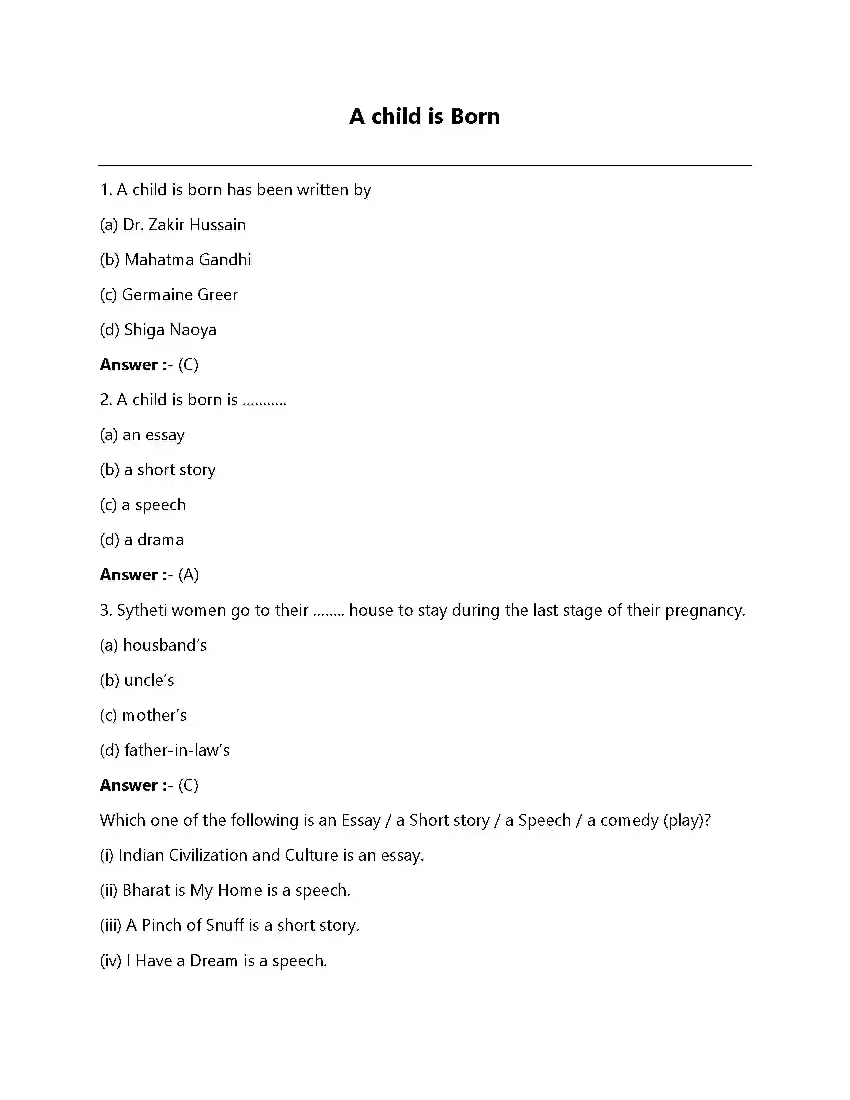 Bihar Board Class 12th A Child is Born A Child Is Born  Objective Objective Question 1