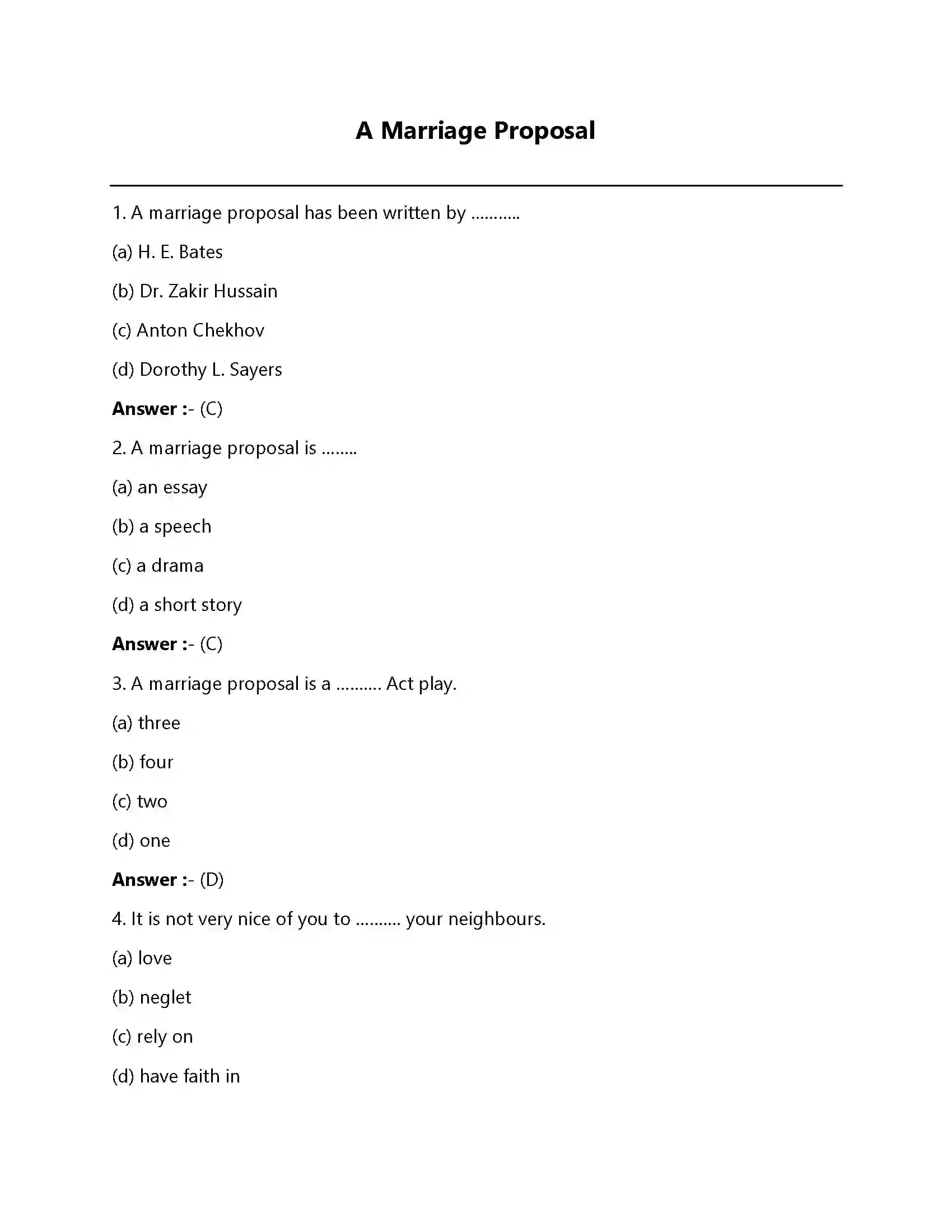 Bihar Board Class 12th A Marriage Proposal A Marriage Proposal  Objective Objective Question 1