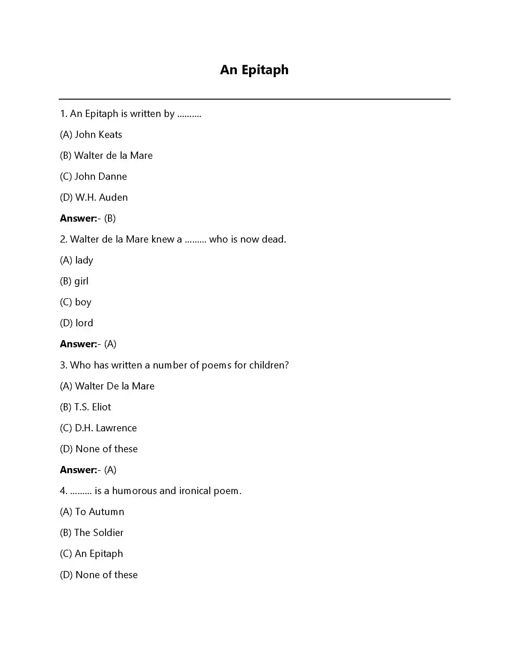 Bihar Board Class 12th An Epitaph An Epitaph  Objective Objective Question 1