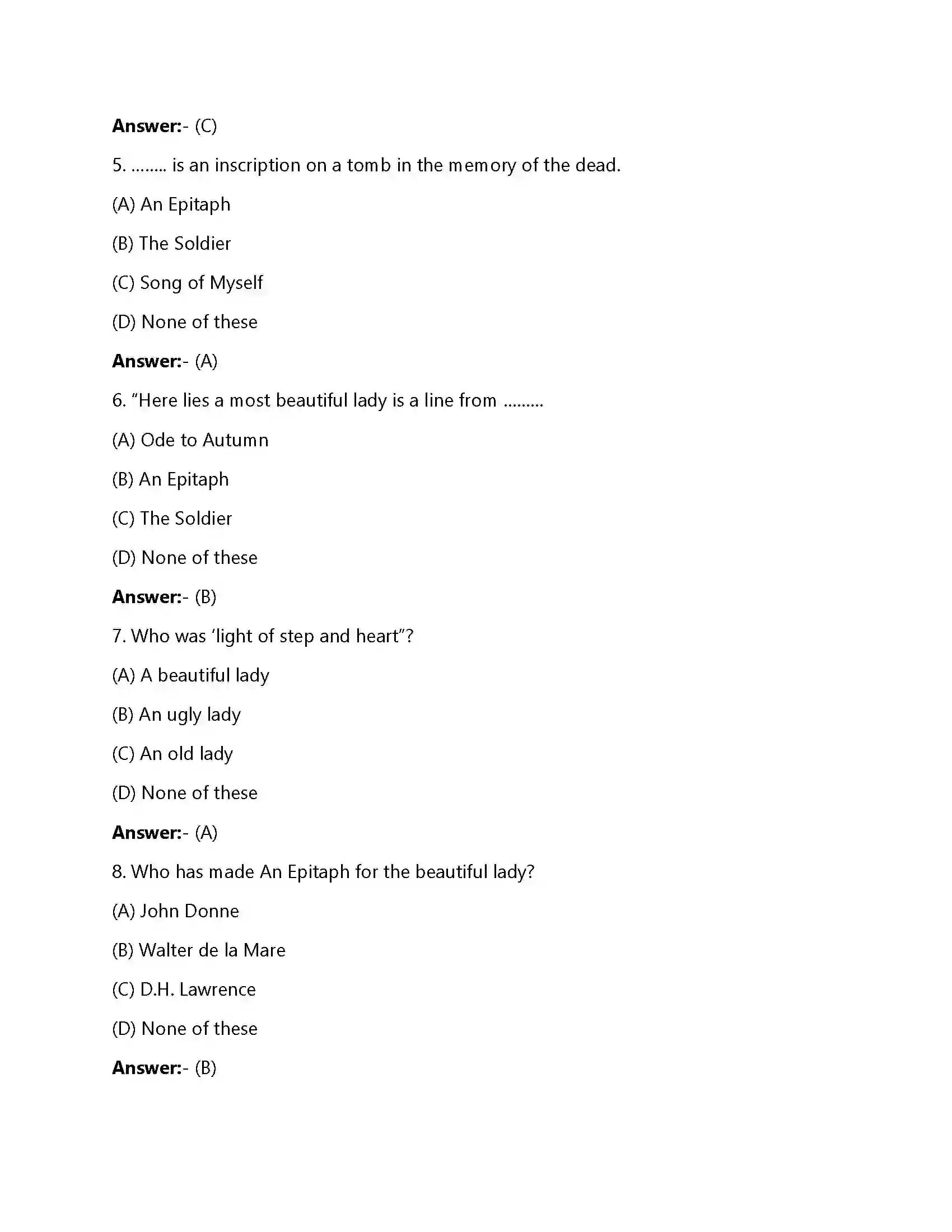 Bihar Board Class 12th An Epitaph An Epitaph  Objective Objective Question 2