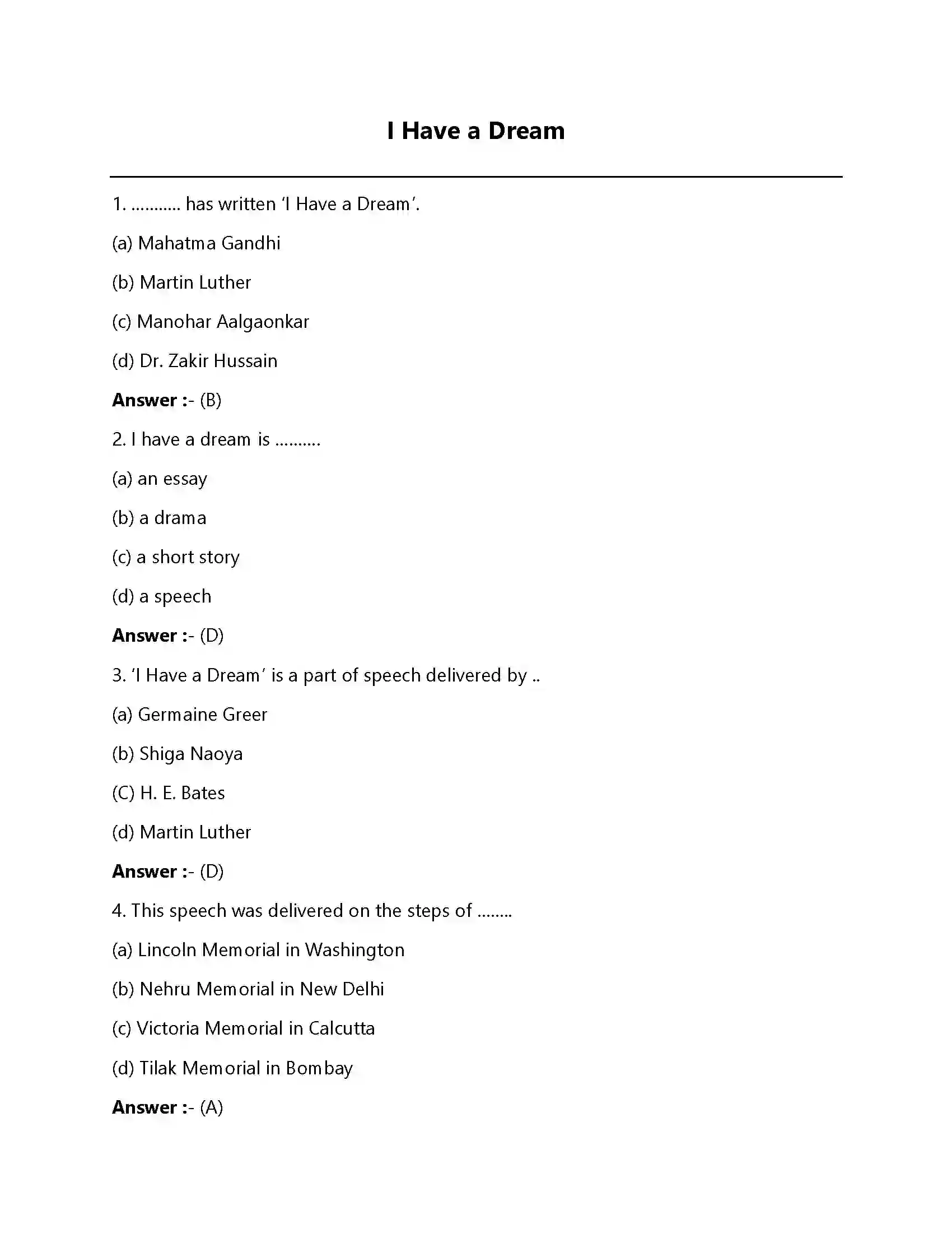 Bihar Board Class 12th I Have a Dream I Have a Dream  Objective Objective Question 1