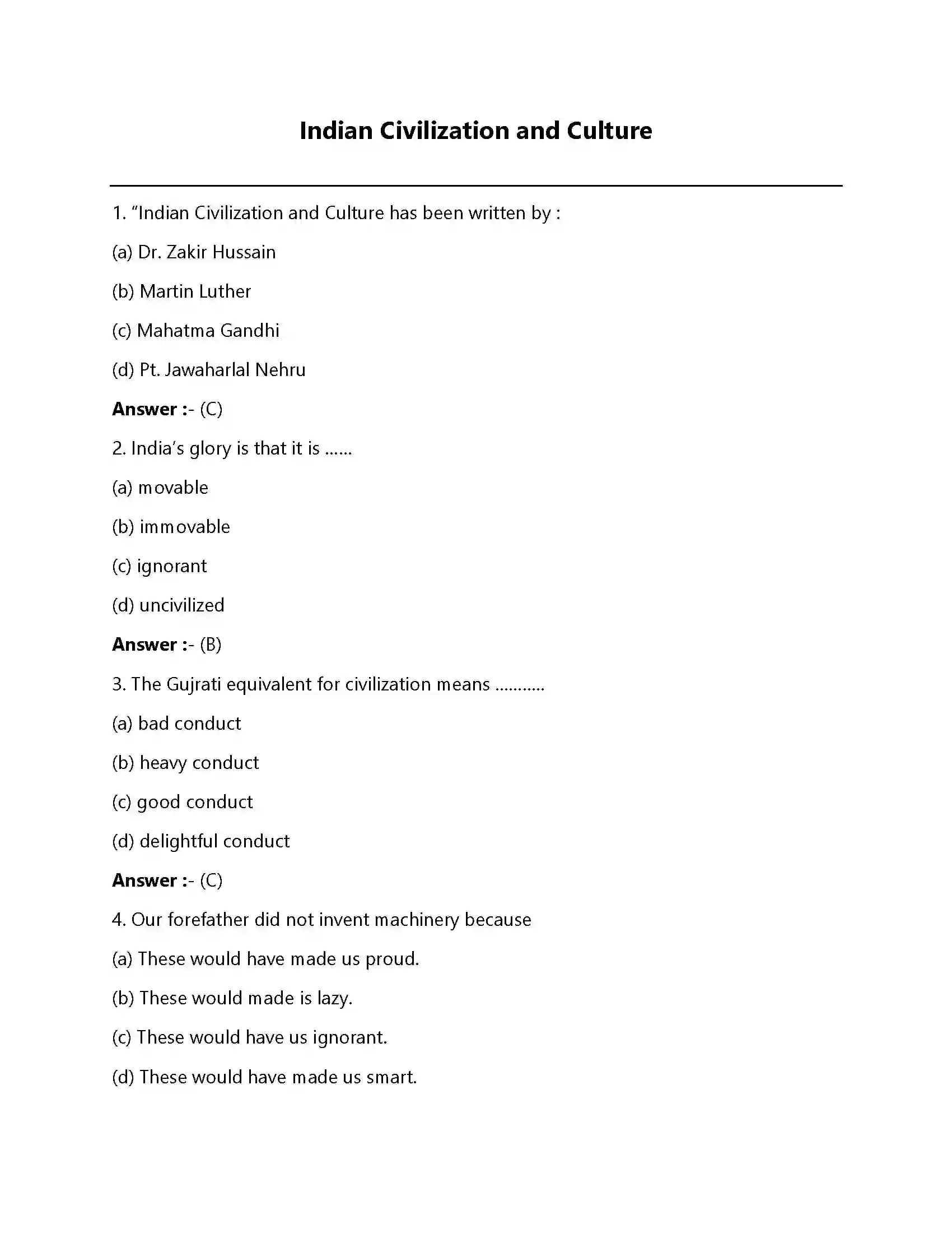 Bihar Board Class 12th Indian Civilization & Culture Indian Civilization and Culture  Objective Objective Question 1