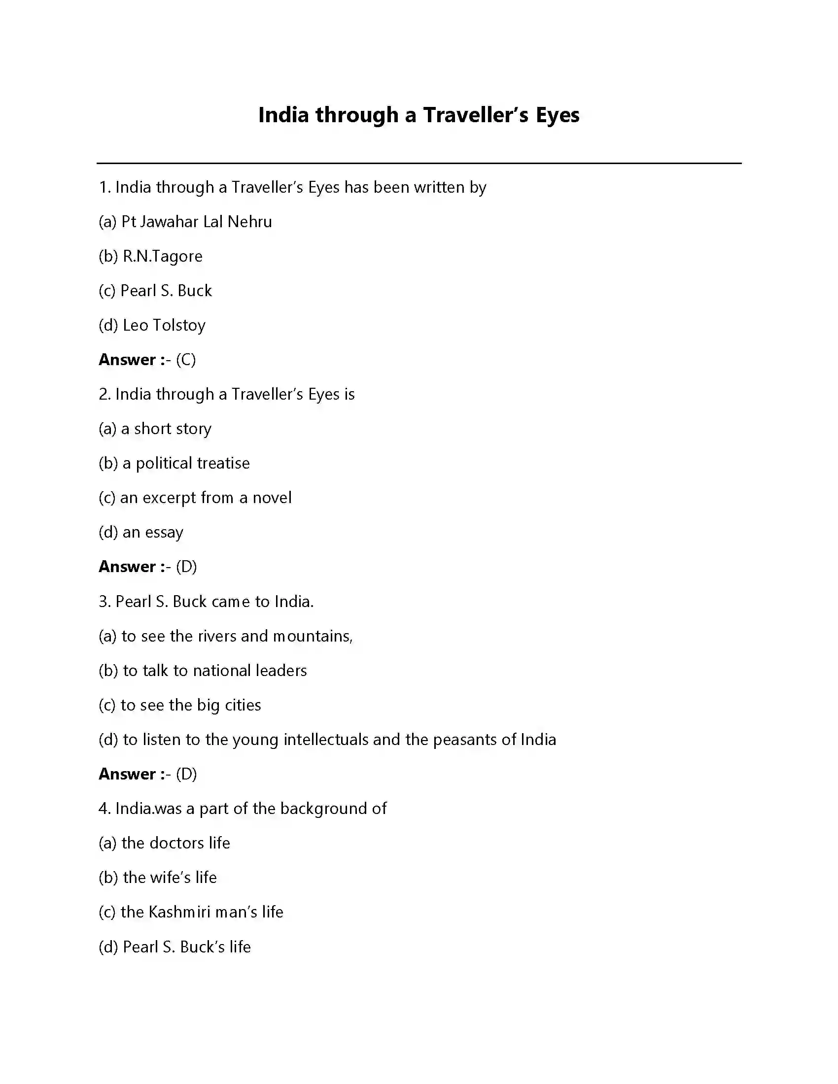 Bihar Board Class 12th India Through a Traveller’s Eyes Indian Through Traveller’s Eye  Objective Objective Question 1