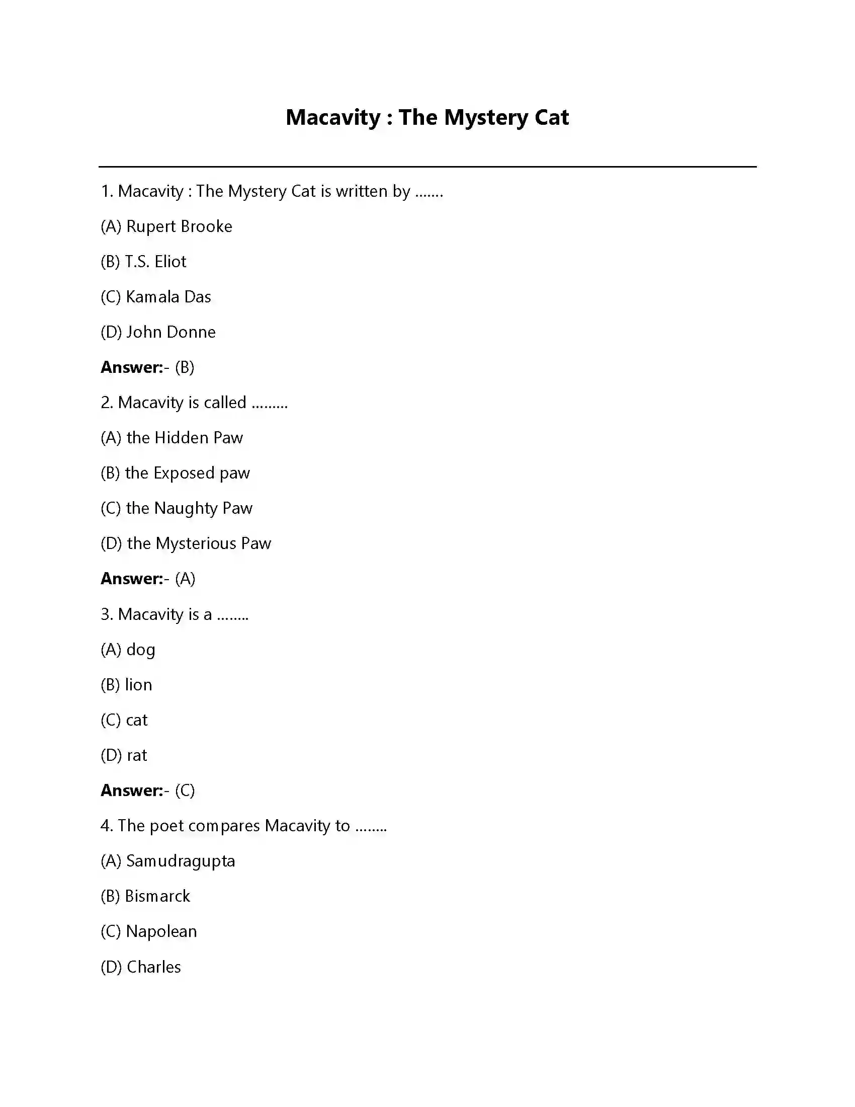 Bihar Board Class 12th Macavity - The Mystery Cat Macavity The Mystery Cat  Objective Objective Question 1