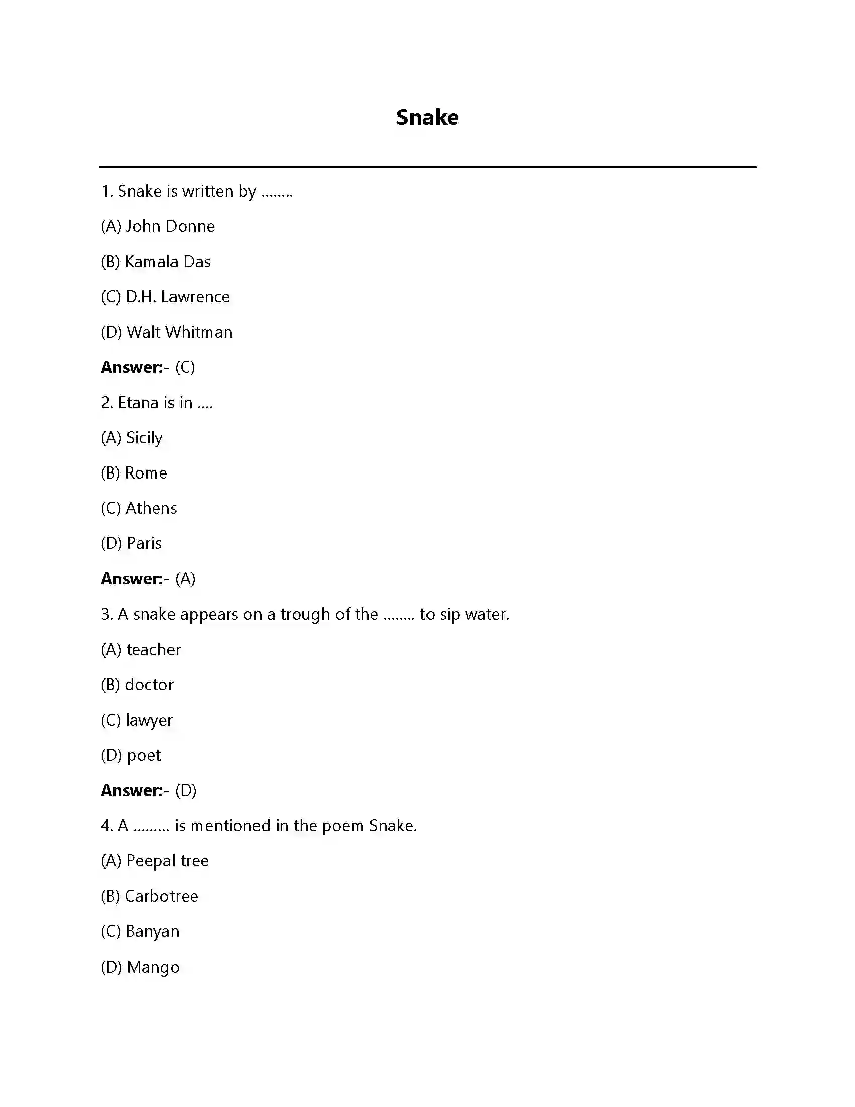 Bihar Board Class 12th Snake Snake  Objective Objective Question 1
