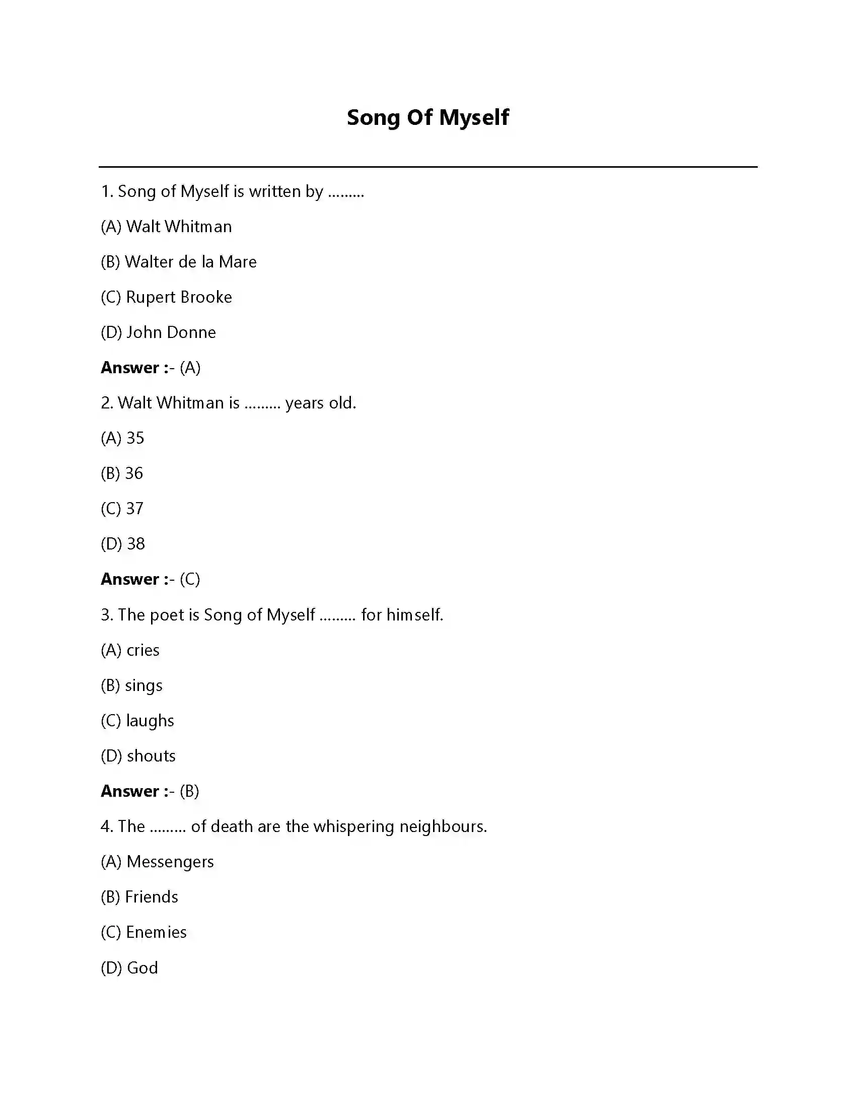 Bihar Board Class 12th Song of Myself Song of Myself  Objective Objective Question 1