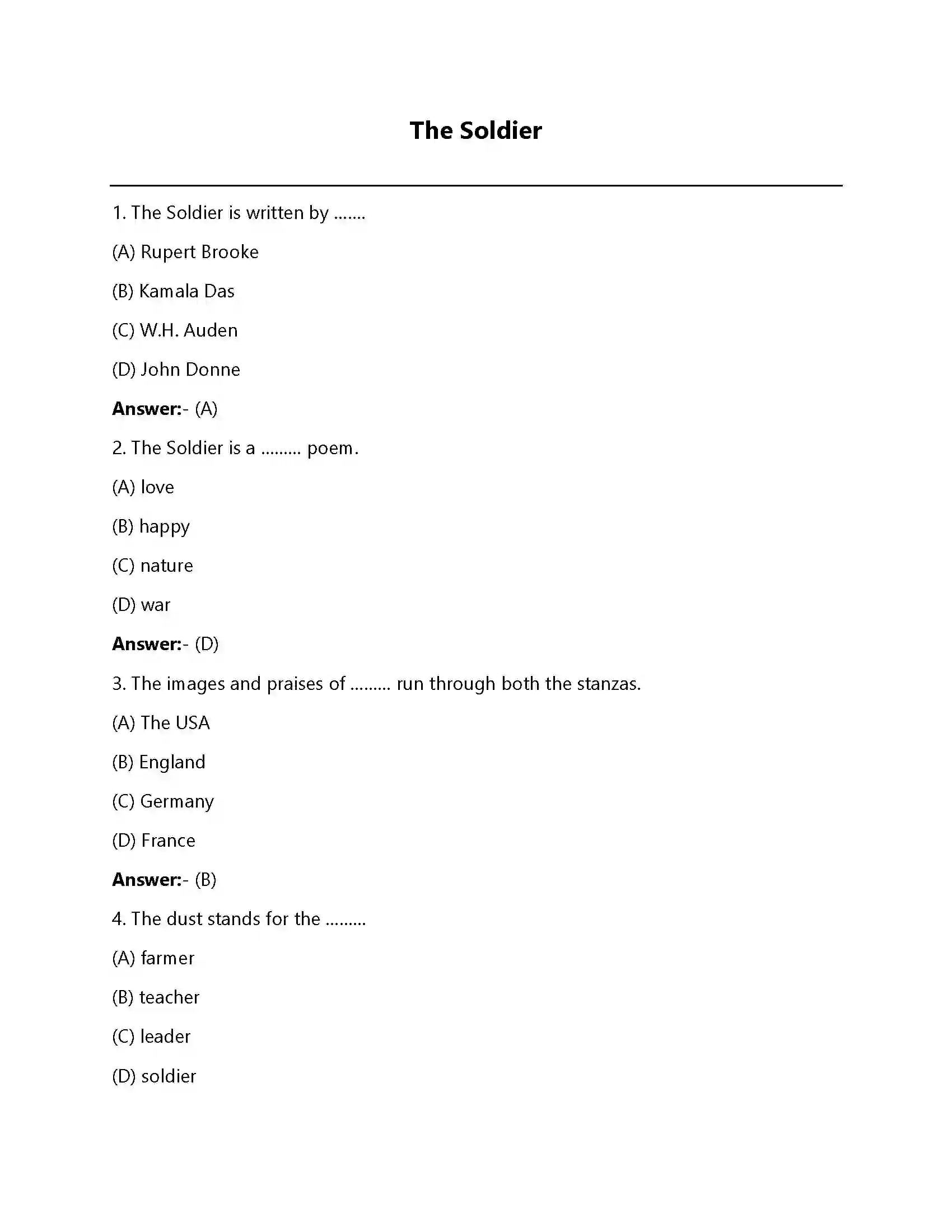 Bihar Board Class 12th The Soldier The Soldier  Objective Objective Question 1