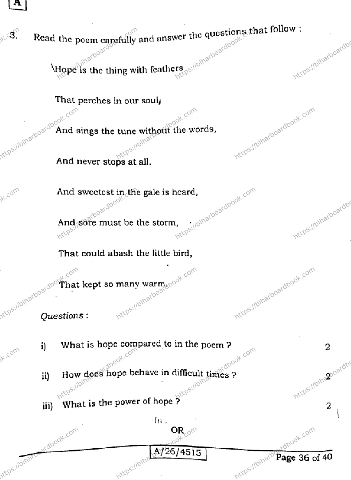 Bihar Board Class 10th 2026 ENGLISH-113-SET-A Previous Year Paper 36