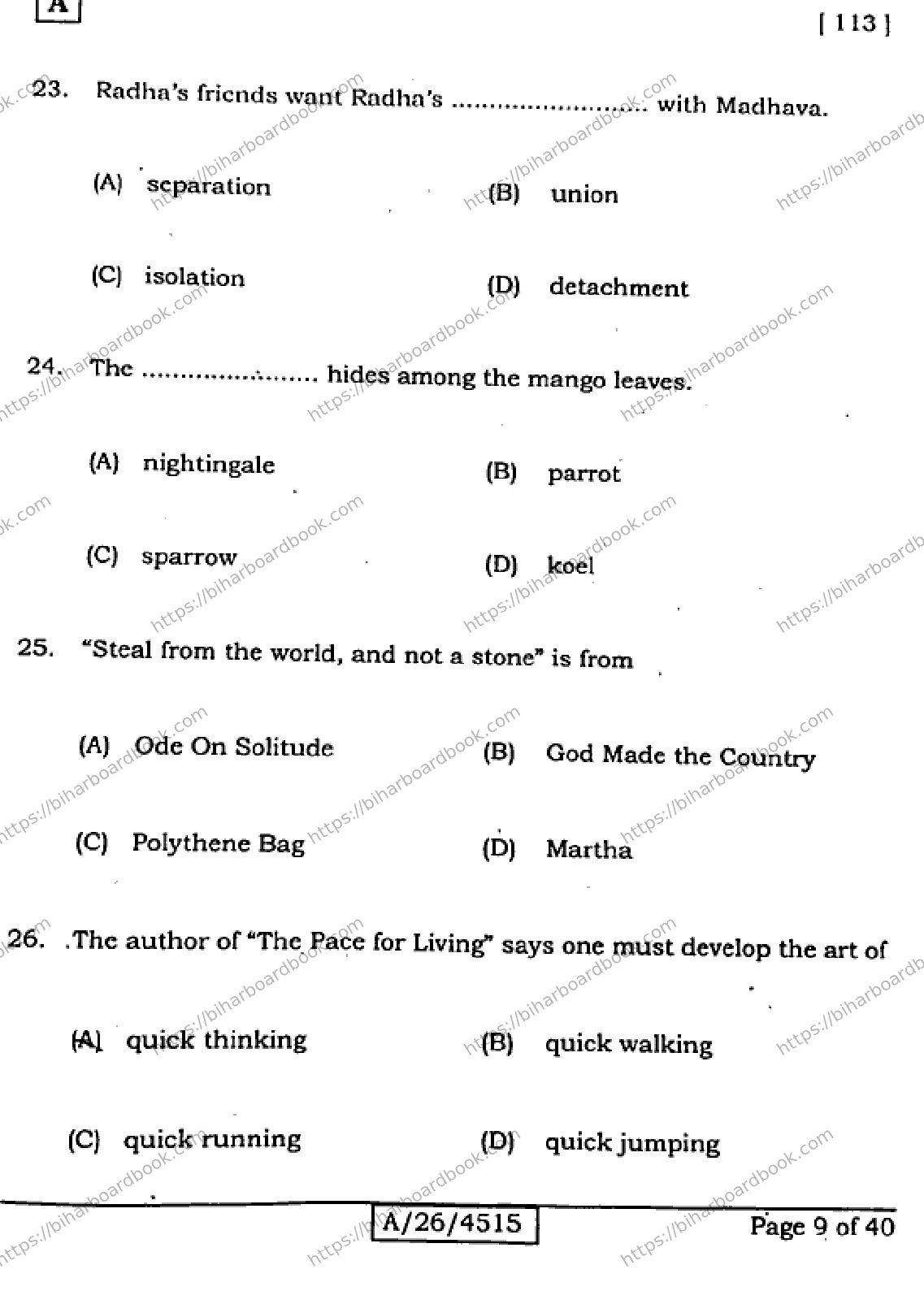Bihar Board Class 10th 2026 ENGLISH-113-SET-A Previous Year Paper 9