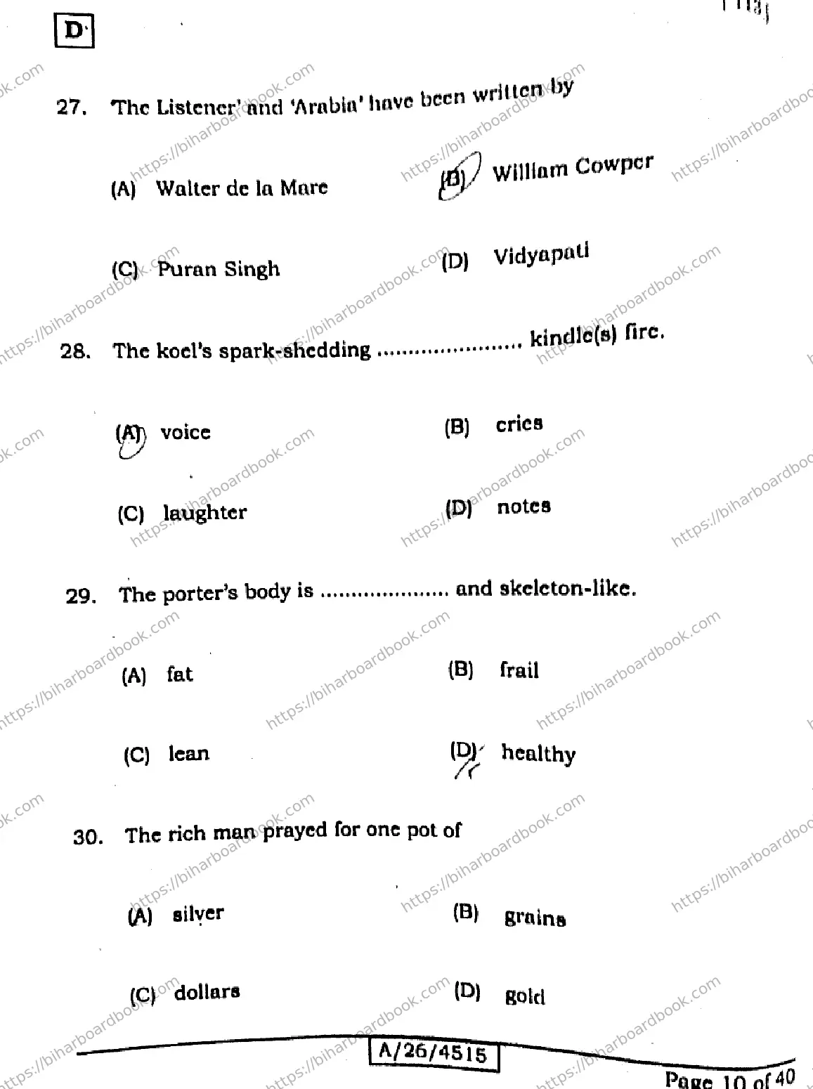 Bihar Board Class 10th 2026 ENGLISH-113-SET-D Previous Year Paper 10