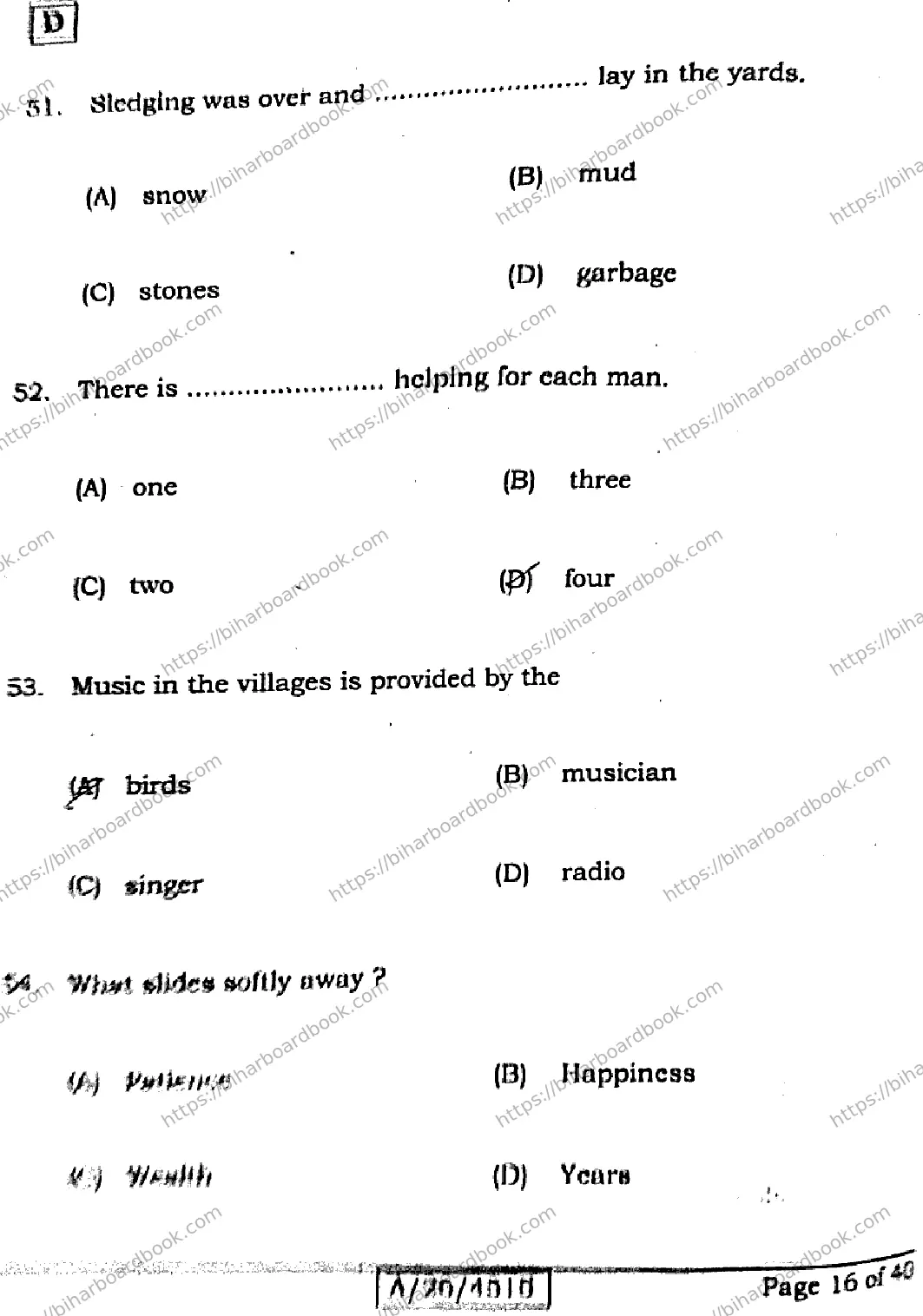 Bihar Board Class 10th 2026 ENGLISH-113-SET-D Previous Year Paper 16