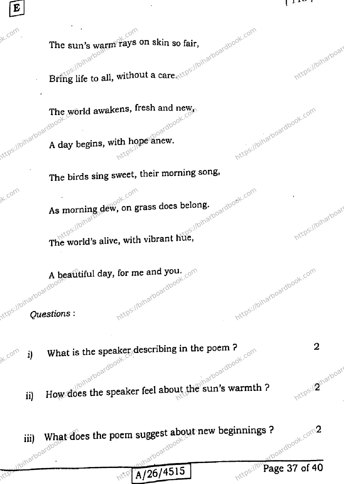 Bihar Board Class 10th 2026 ENGLISH-113-SET-E Previous Year Paper 37