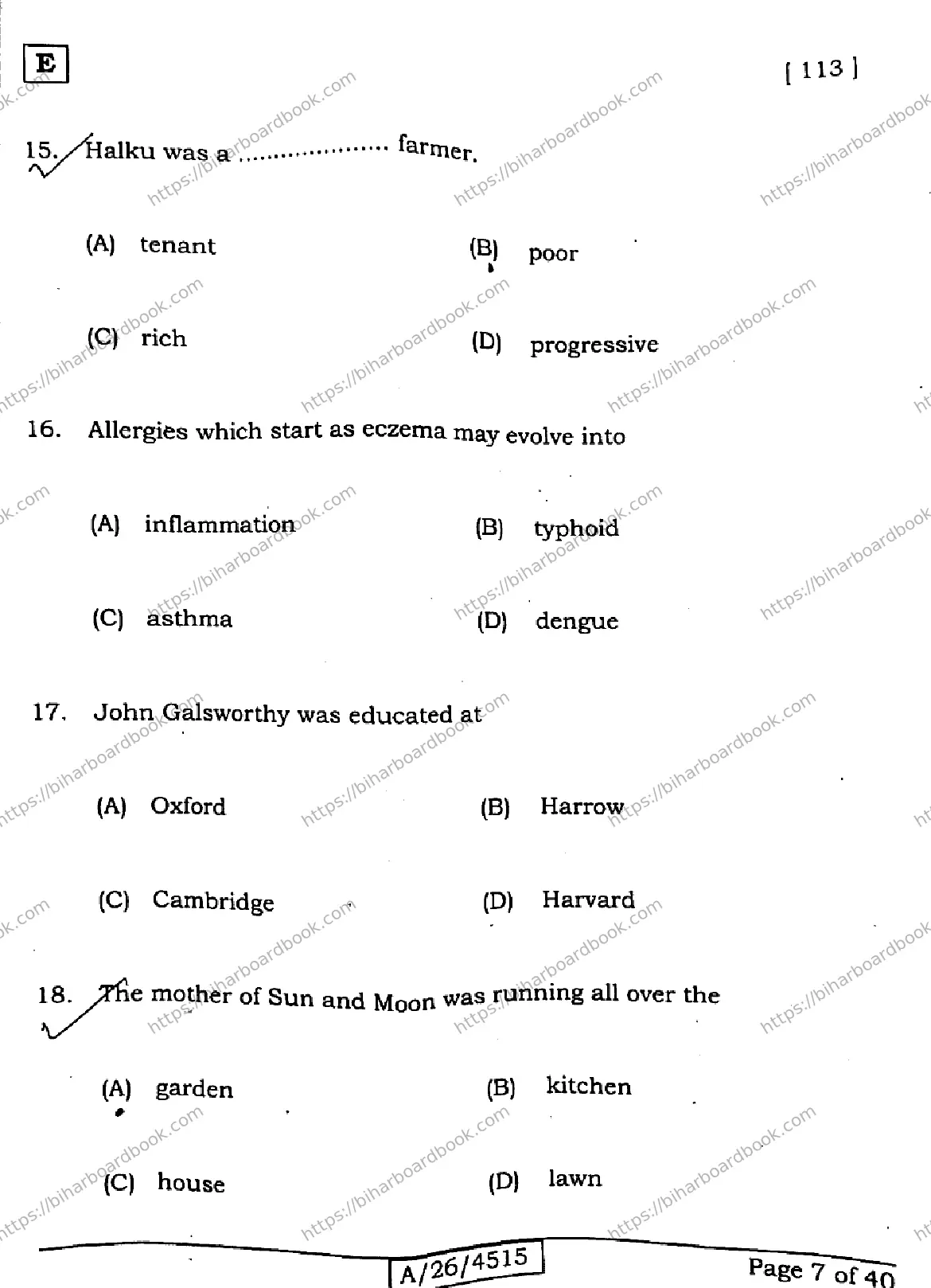 Bihar Board Class 10th 2026 ENGLISH-113-SET-E Previous Year Paper 6