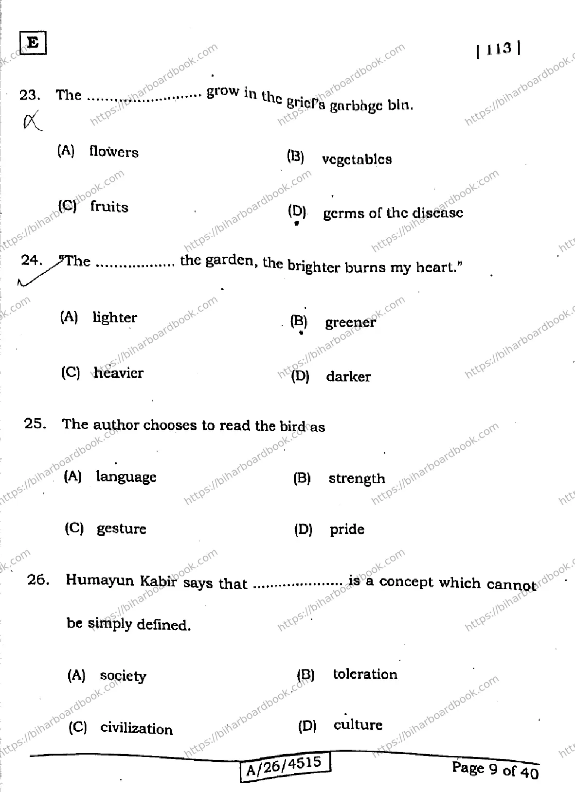 Bihar Board Class 10th 2026 ENGLISH-113-SET-E Previous Year Paper 8