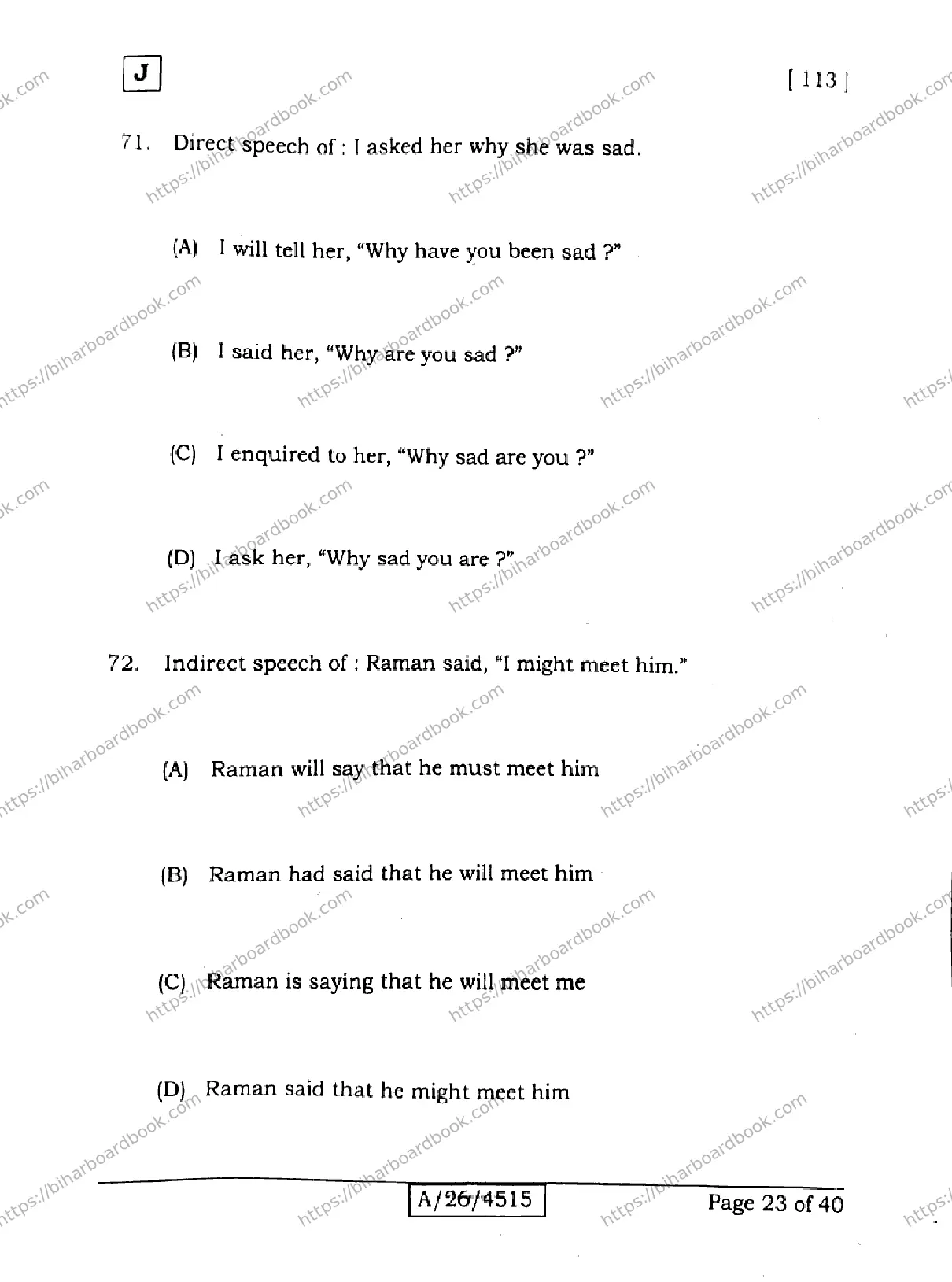 Bihar Board Class 10th 2026 ENGLISH-113-SET-J Previous Year Paper 23