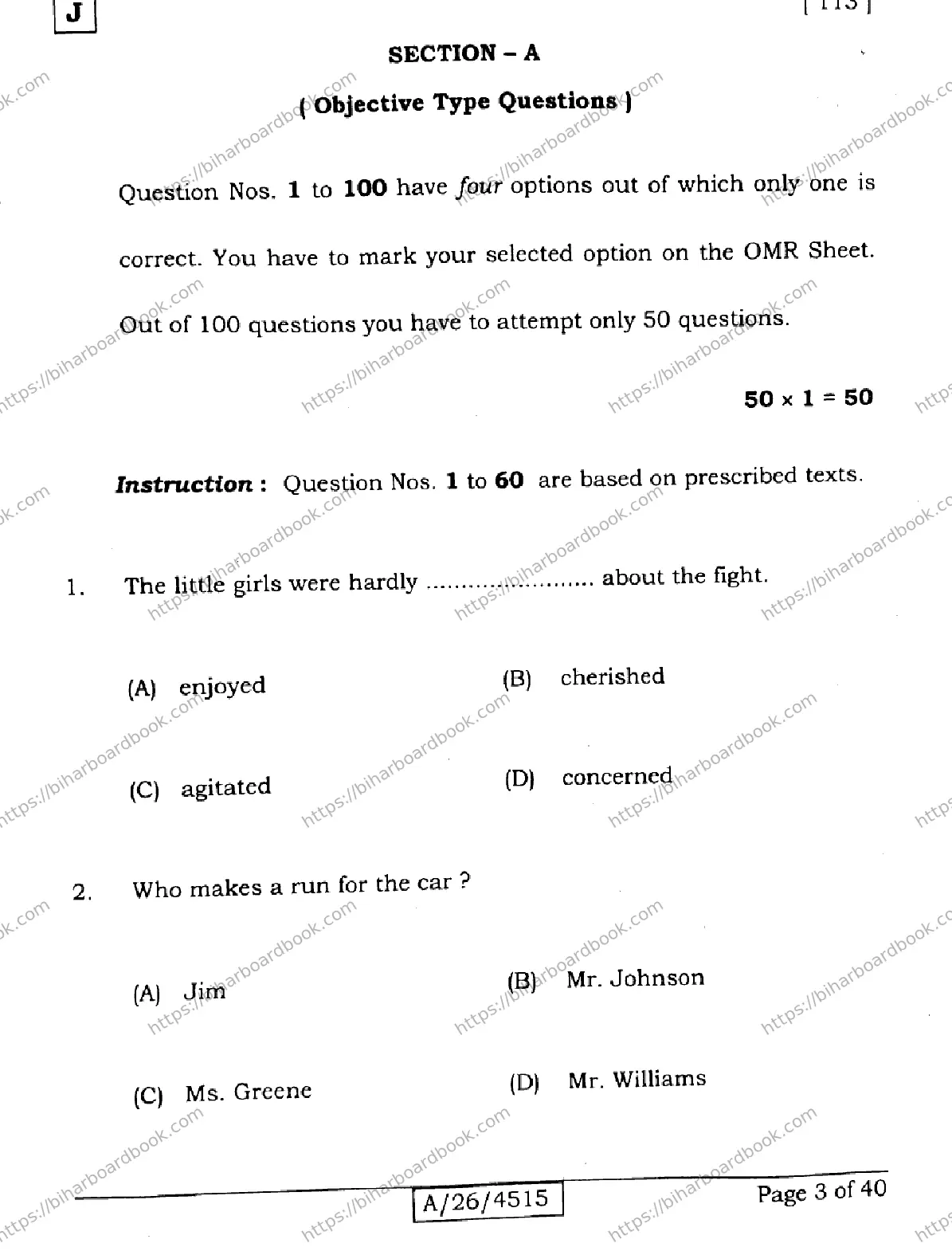 Bihar Board Class 10th 2026 ENGLISH-113-SET-J Previous Year Paper 3