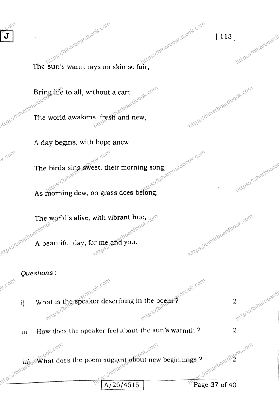 Bihar Board Class 10th 2026 ENGLISH-113-SET-J Previous Year Paper 37