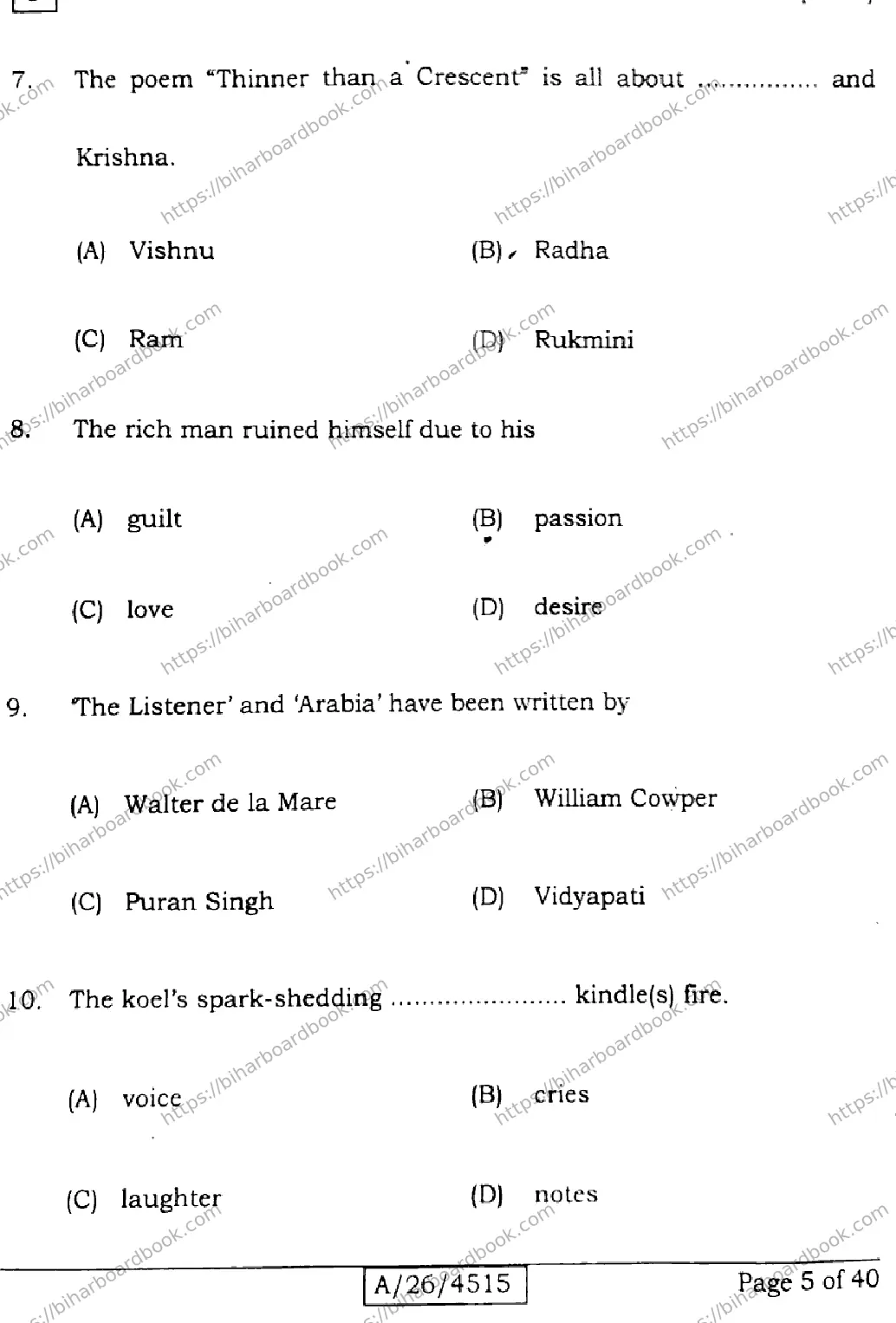 Bihar Board Class 10th 2026 ENGLISH-113-SET-J Previous Year Paper 5