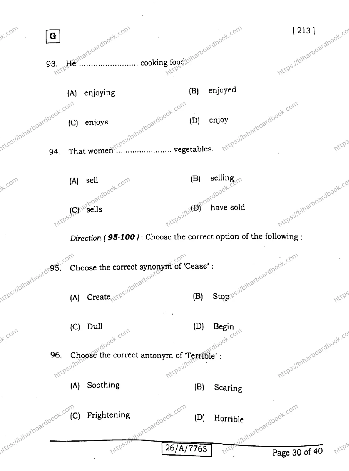 Bihar Board Class 10th 2026 ENGLISH-213-SET-G Previous Year Paper 30