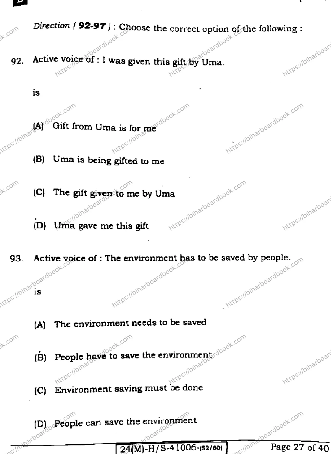 Bihar Board Class 10th 2024 English  113  (SetB)  2024 Previous Year Paper 27