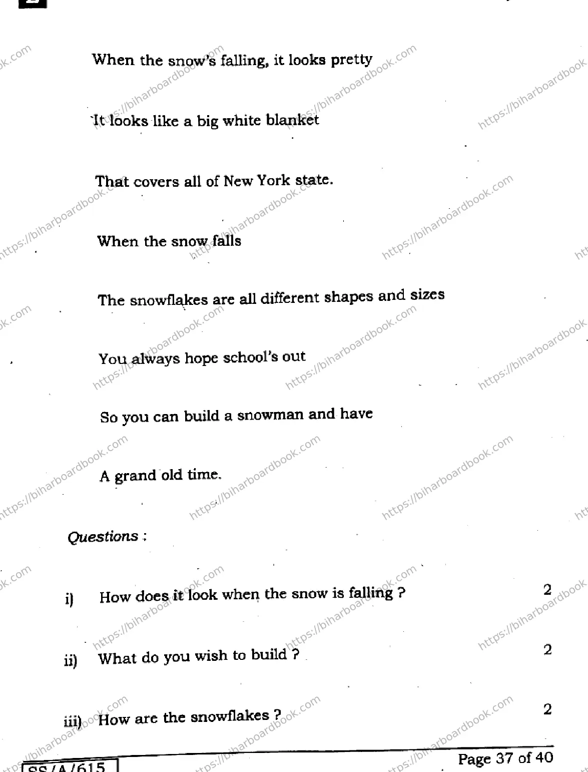 Bihar Board Class 10th 2025 English  113  SetE  2025 Previous Year Paper 37