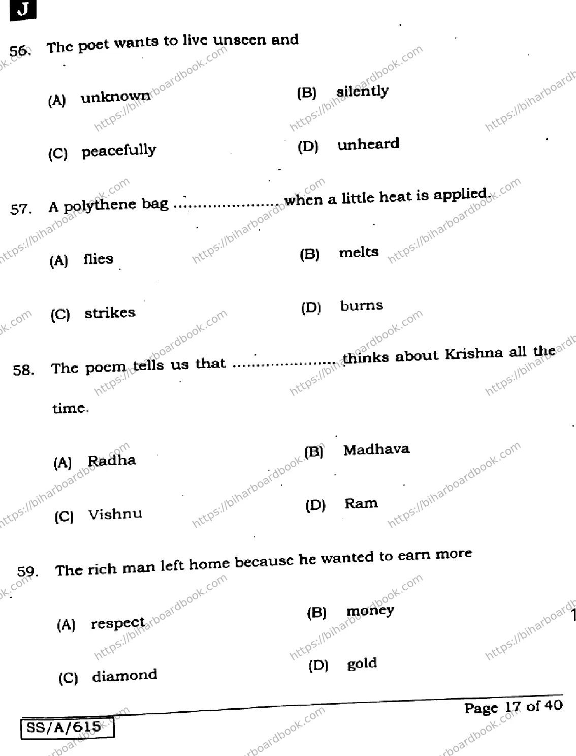 Bihar Board Class 10th 2025 English  113  SetJ  2025 Previous Year Paper 17