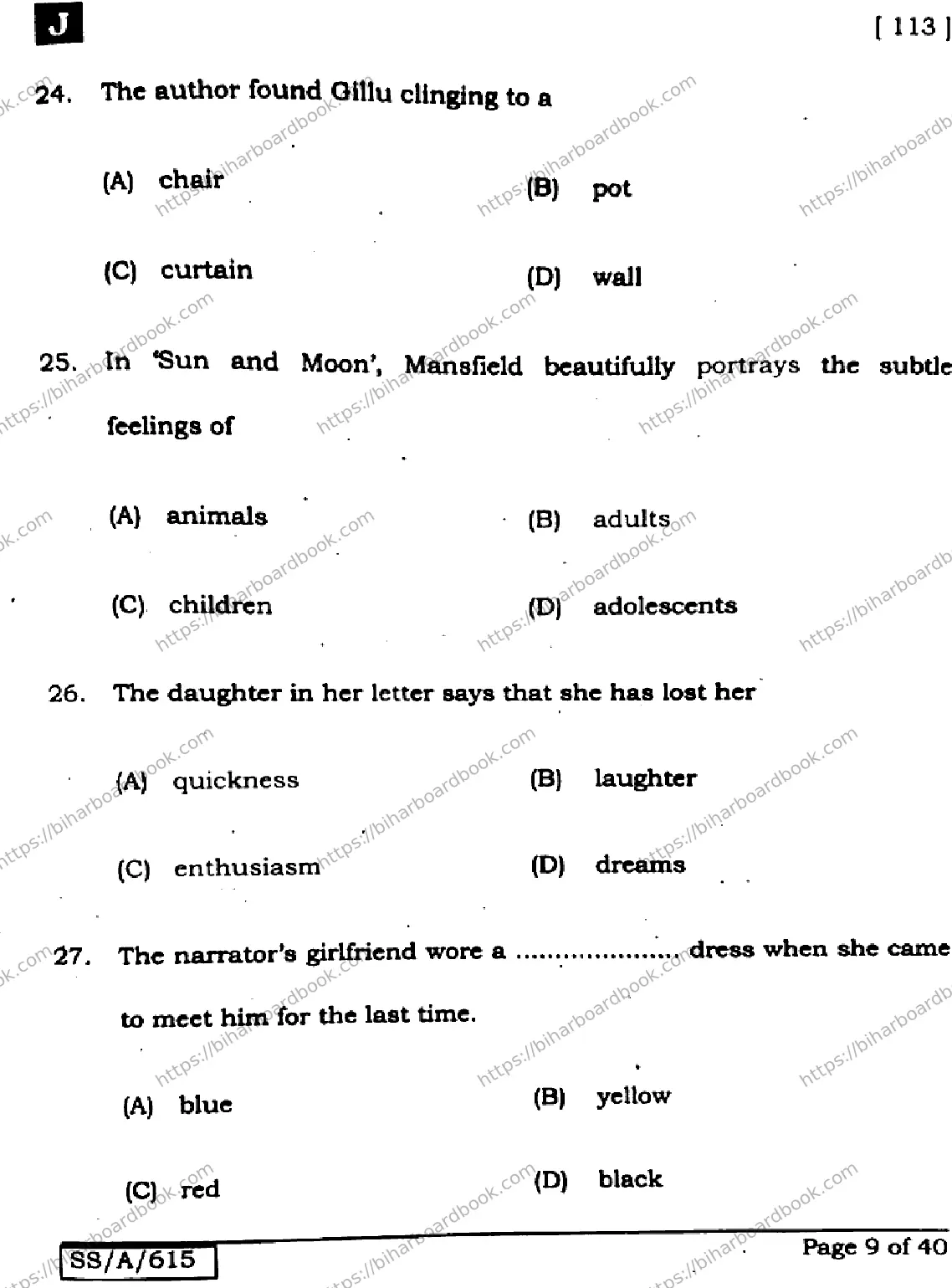 Bihar Board Class 10th 2025 English  113  SetJ  2025 Previous Year Paper 9