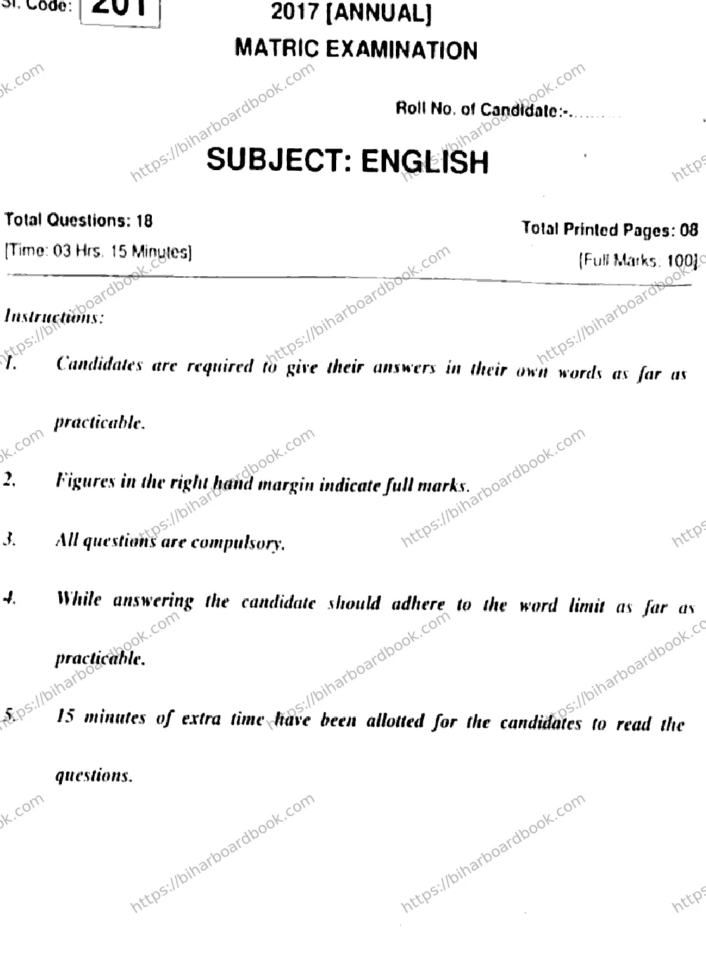 Bihar Board Class 10th 2017 English  201  2017 Previous Year Paper 1