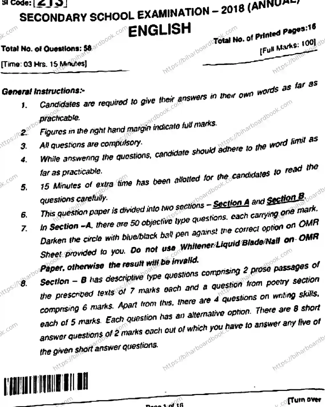 Bihar Board Class 10th 2018 English  213  2018 Previous Year Paper 1