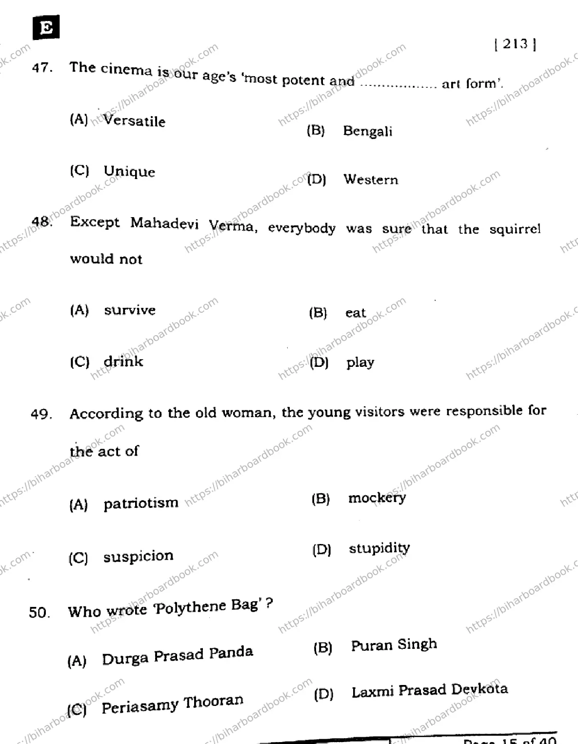 Bihar Board Class 10th 2024 English  213  (SetE)  2024 Previous Year Paper 14