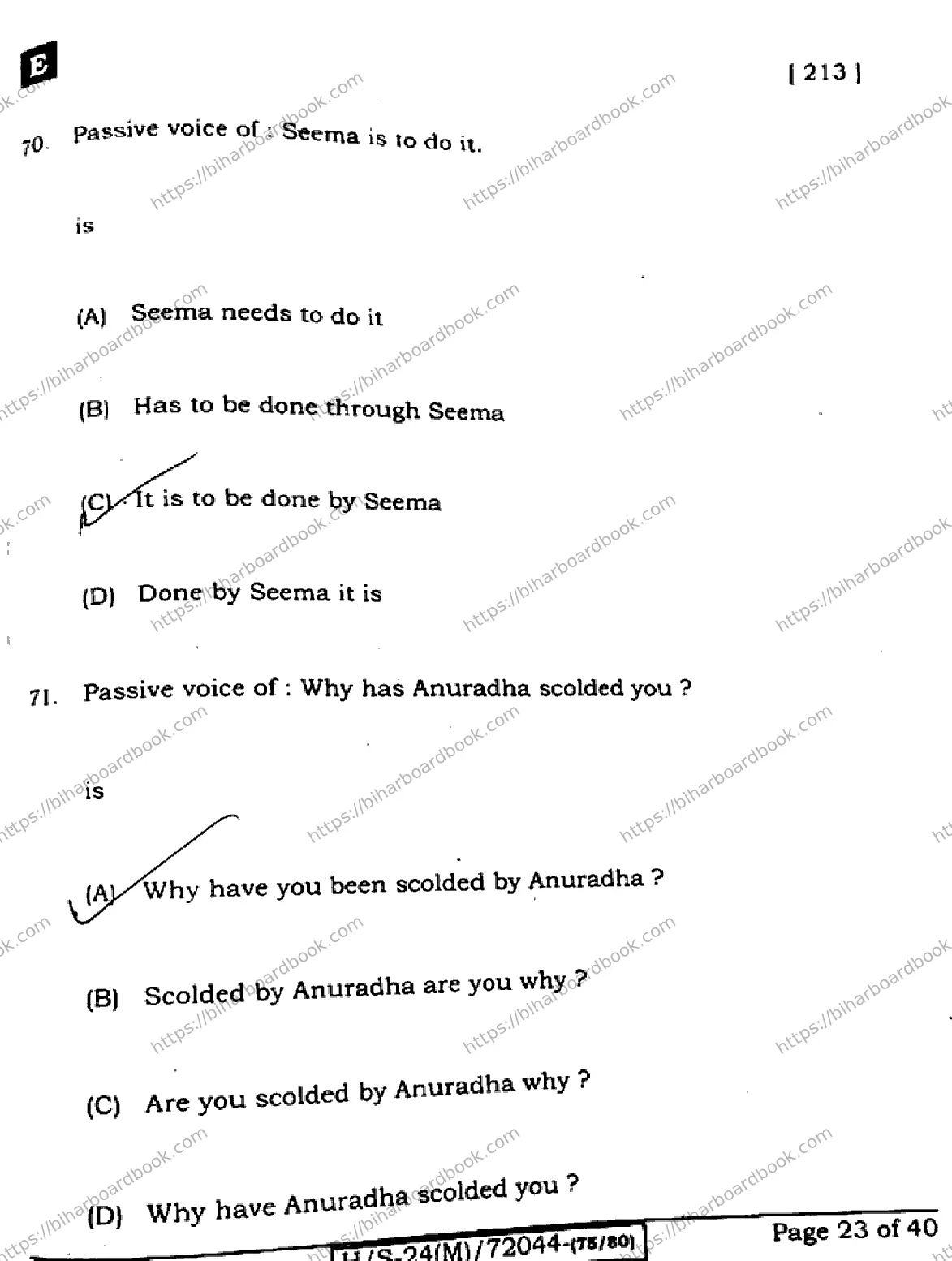 Bihar Board Class 10th 2024 English  213  (SetE)  2024 Previous Year Paper 22