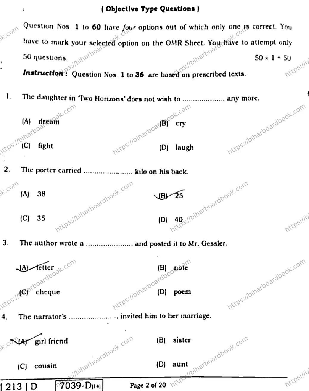 Bihar Board Class 10th 2020 English  213D  2020 Previous Year Paper 2