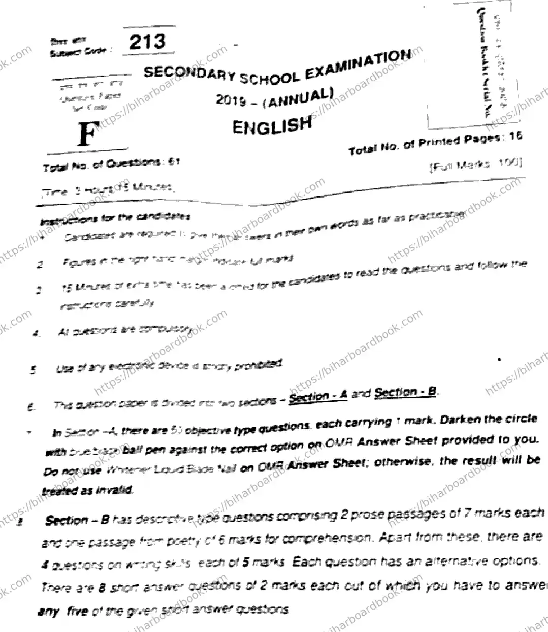 Bihar Board Class 10th 2019 English  213F  2019 Previous Year Paper 1