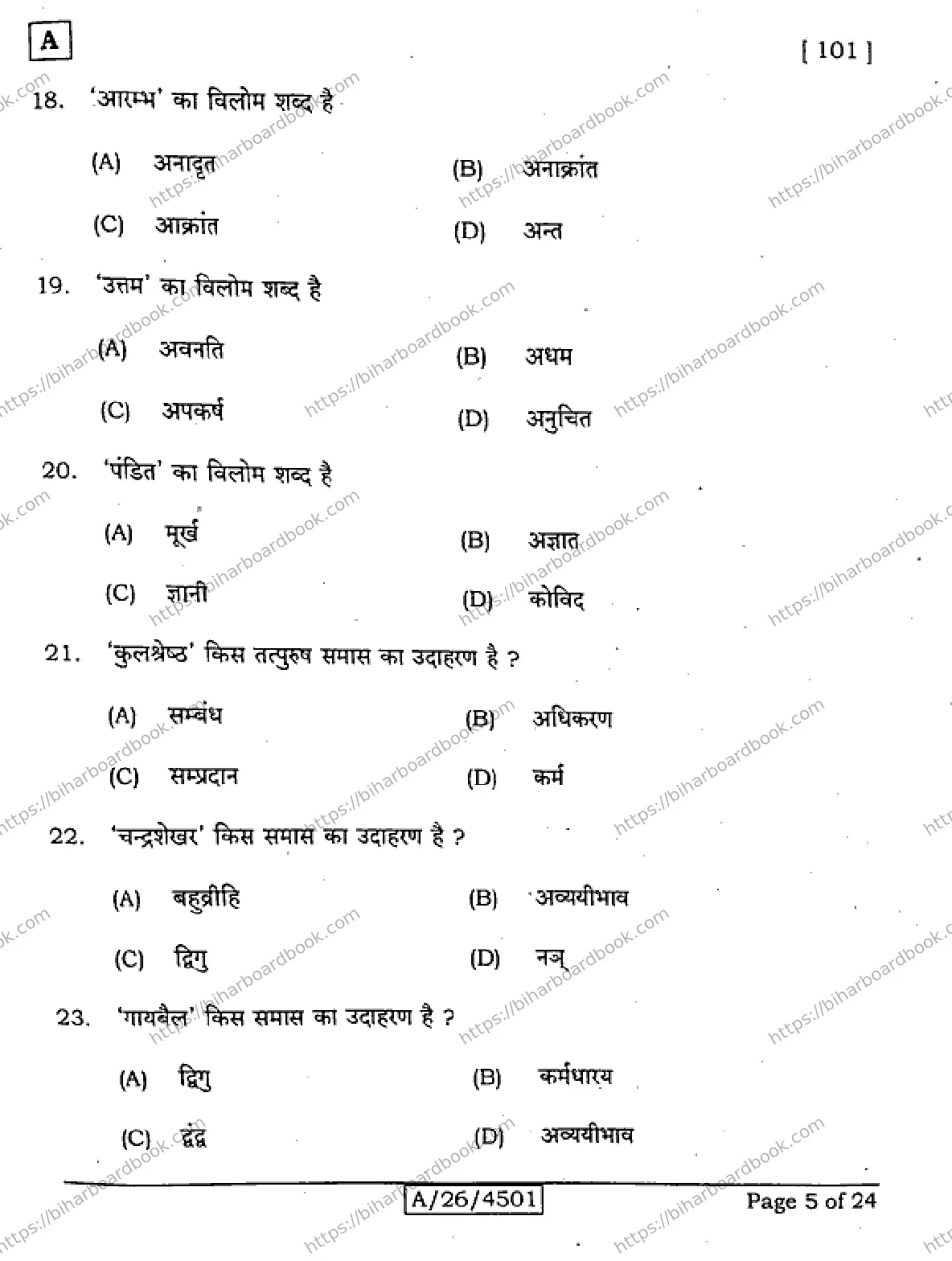 Bihar Board Class 10th 2026 HINDI-MT-101-SET-A Previous Year Paper 5